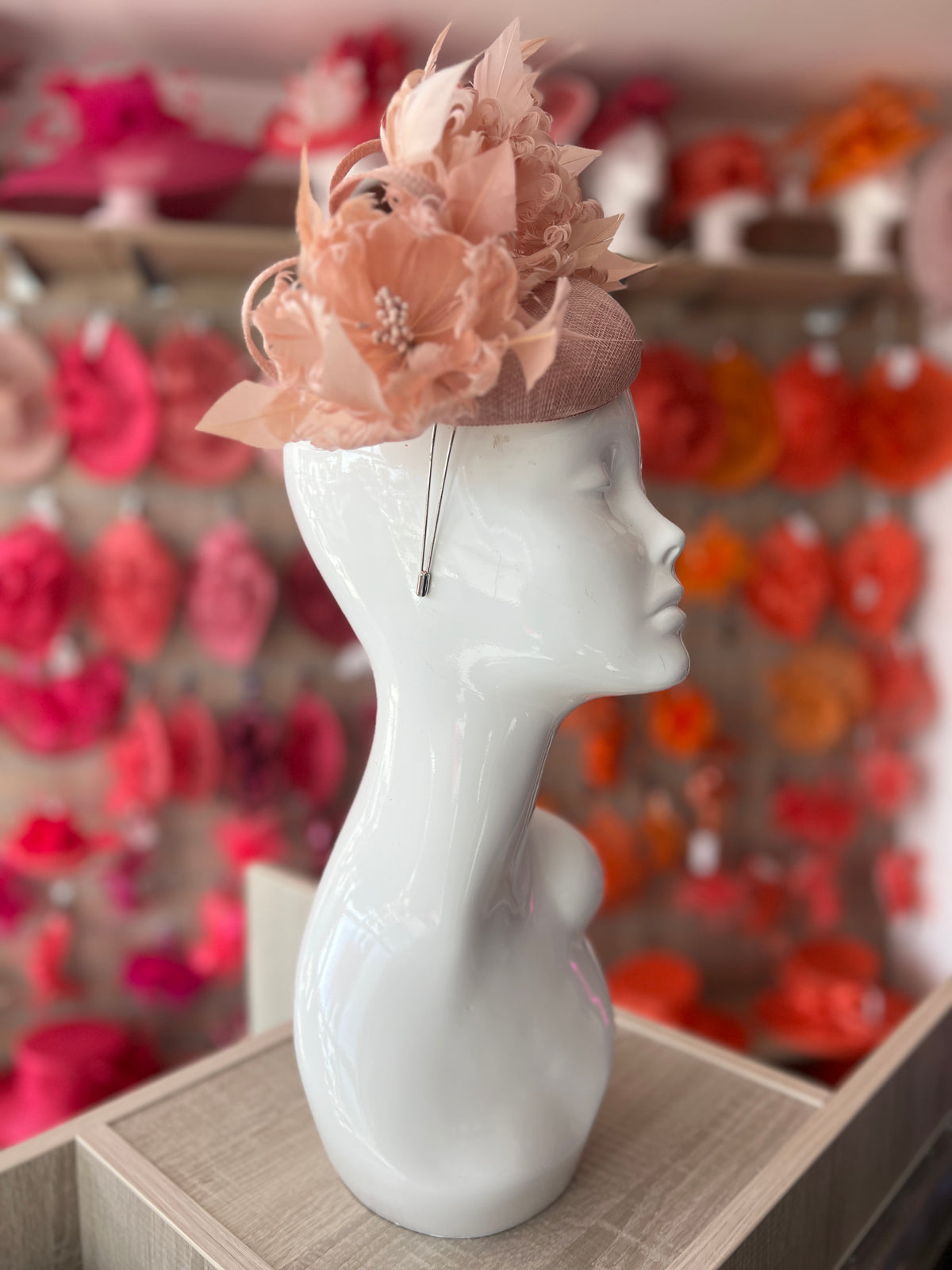 Pillbox Hat With Goblet Feather Flowers-Blush-Fascinators Direct