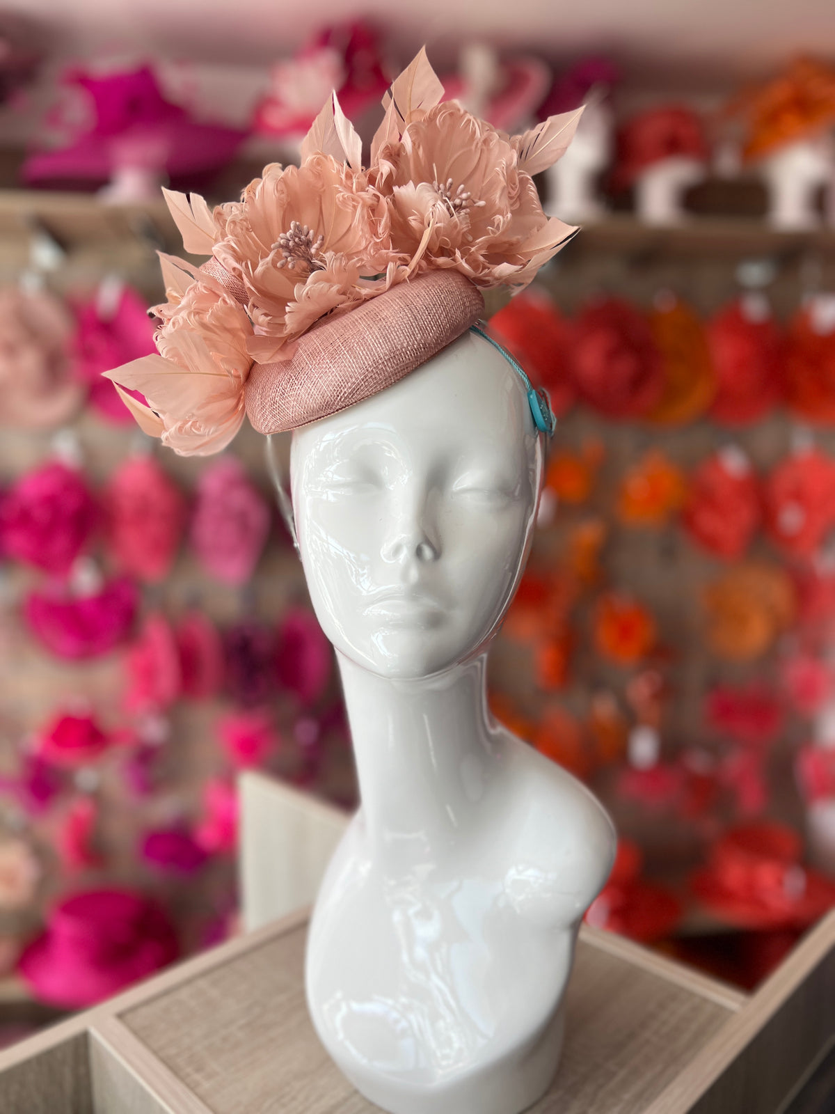 Pillbox Hat With Goblet Feather Flowers-Blush-Fascinators Direct