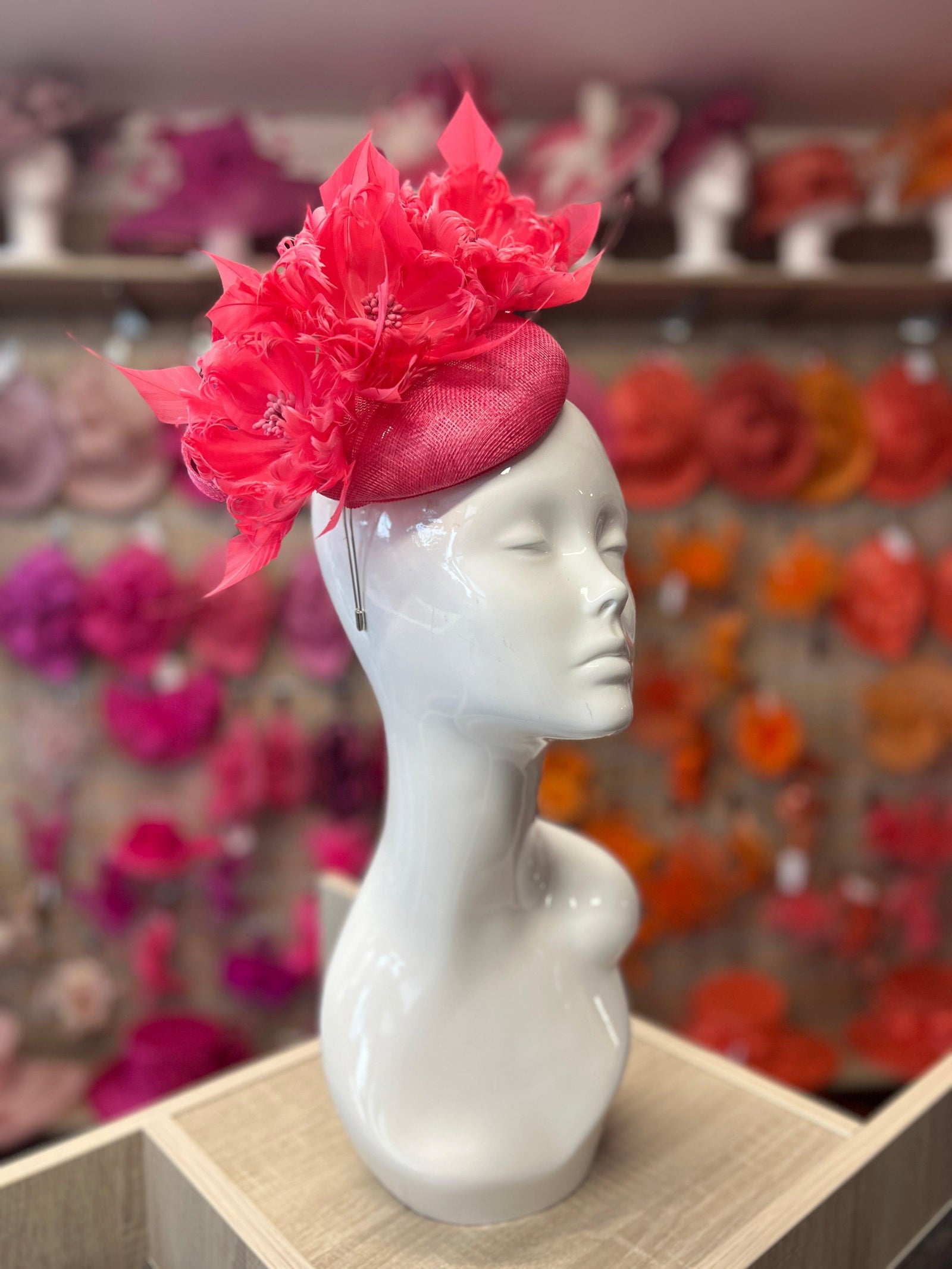 Pillbox Hat With Goblet Feather Flowers-Cerise-Fascinators Direct