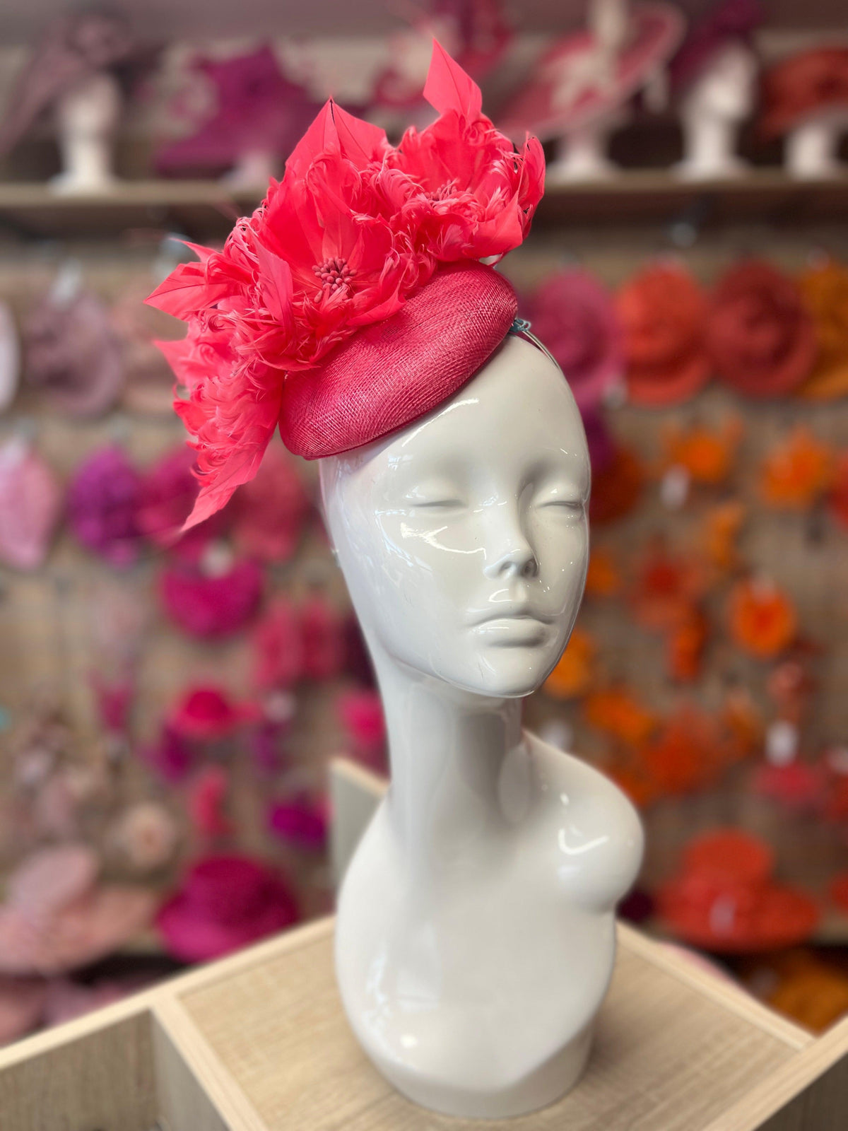 Pillbox Hat With Goblet Feather Flowers-Cerise-Fascinators Direct