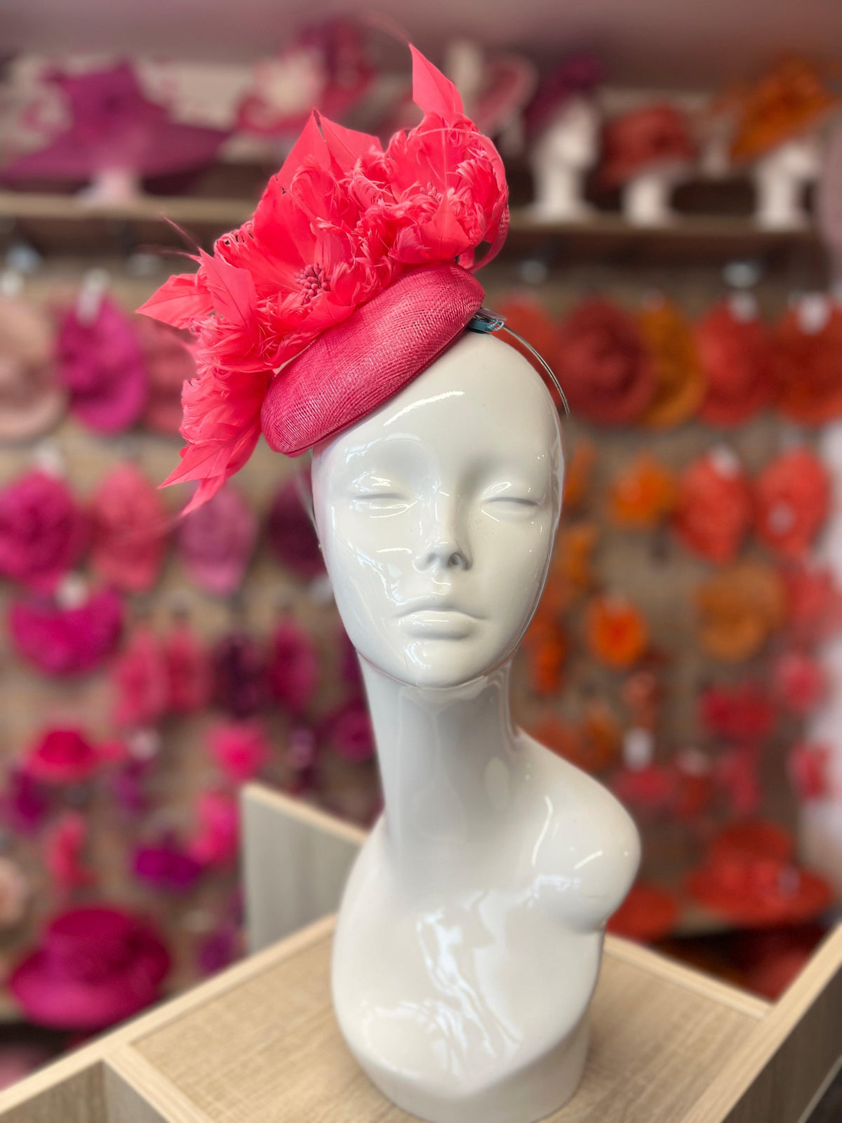 Pillbox Hat With Goblet Feather Flowers-Cerise-Fascinators Direct