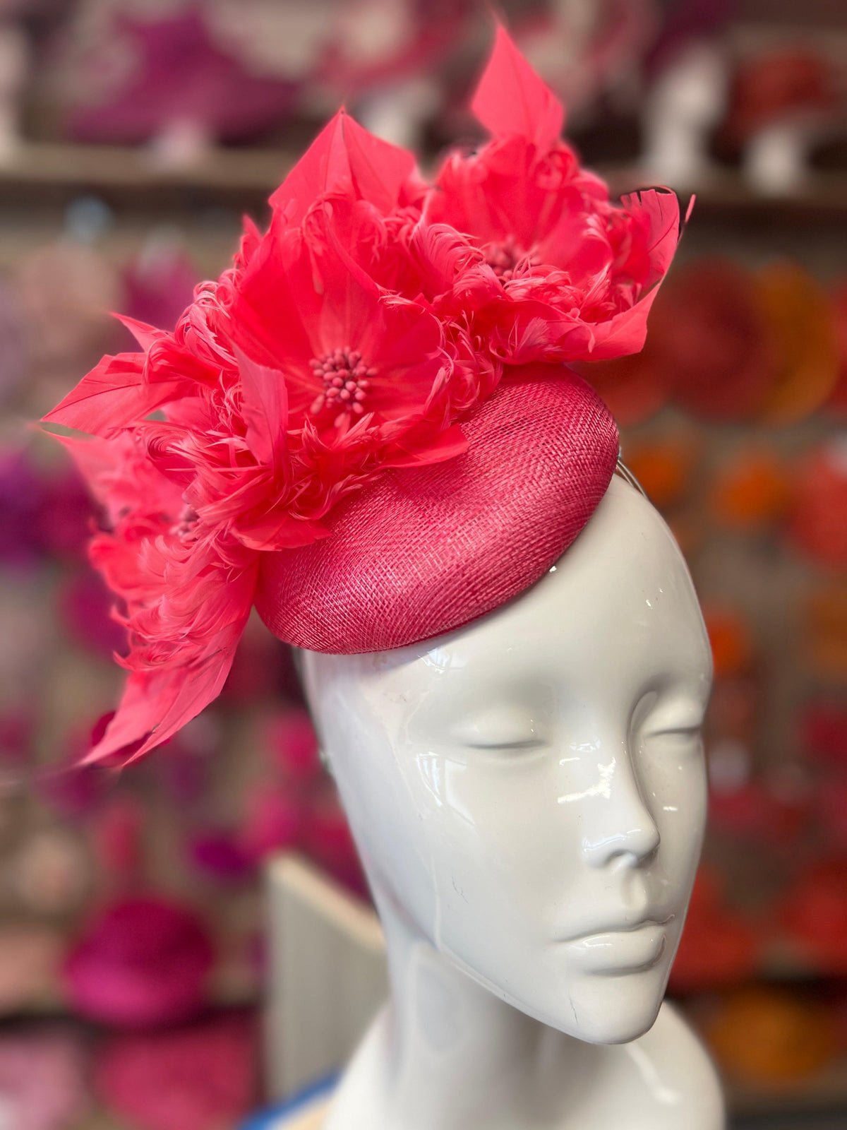 Pillbox Hat With Goblet Feather Flowers-Cerise-Fascinators Direct