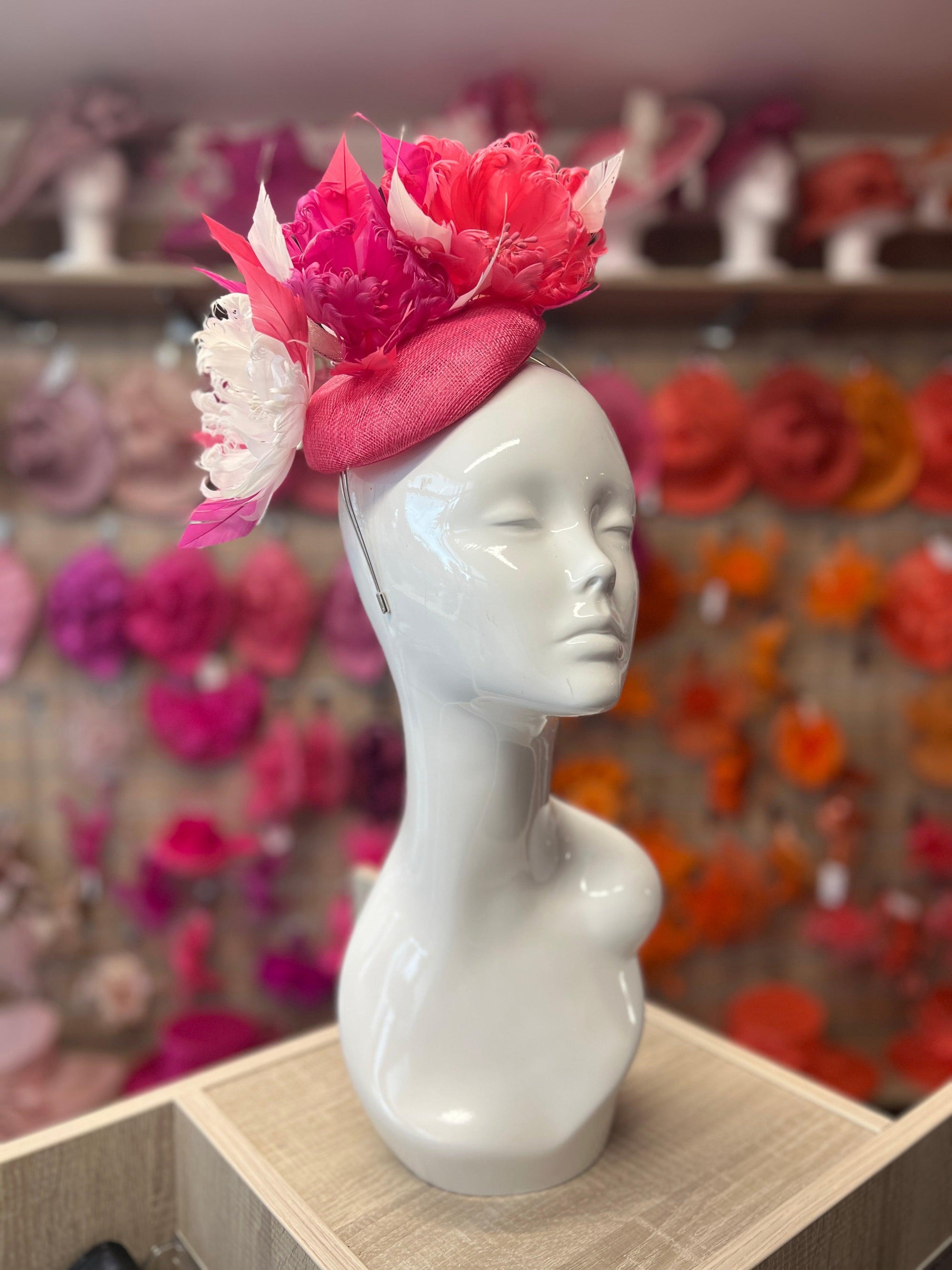 Pillbox Hat With Goblet Feather Flowers-Cerise/Fuchsia/White-Fascinators Direct