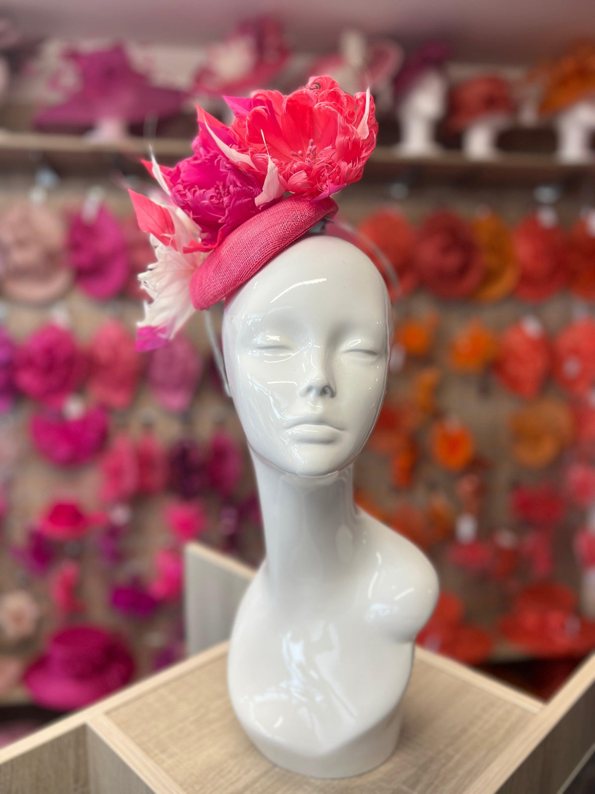 Pillbox Hat With Goblet Feather Flowers-Cerise/Fuchsia/White-Fascinators Direct