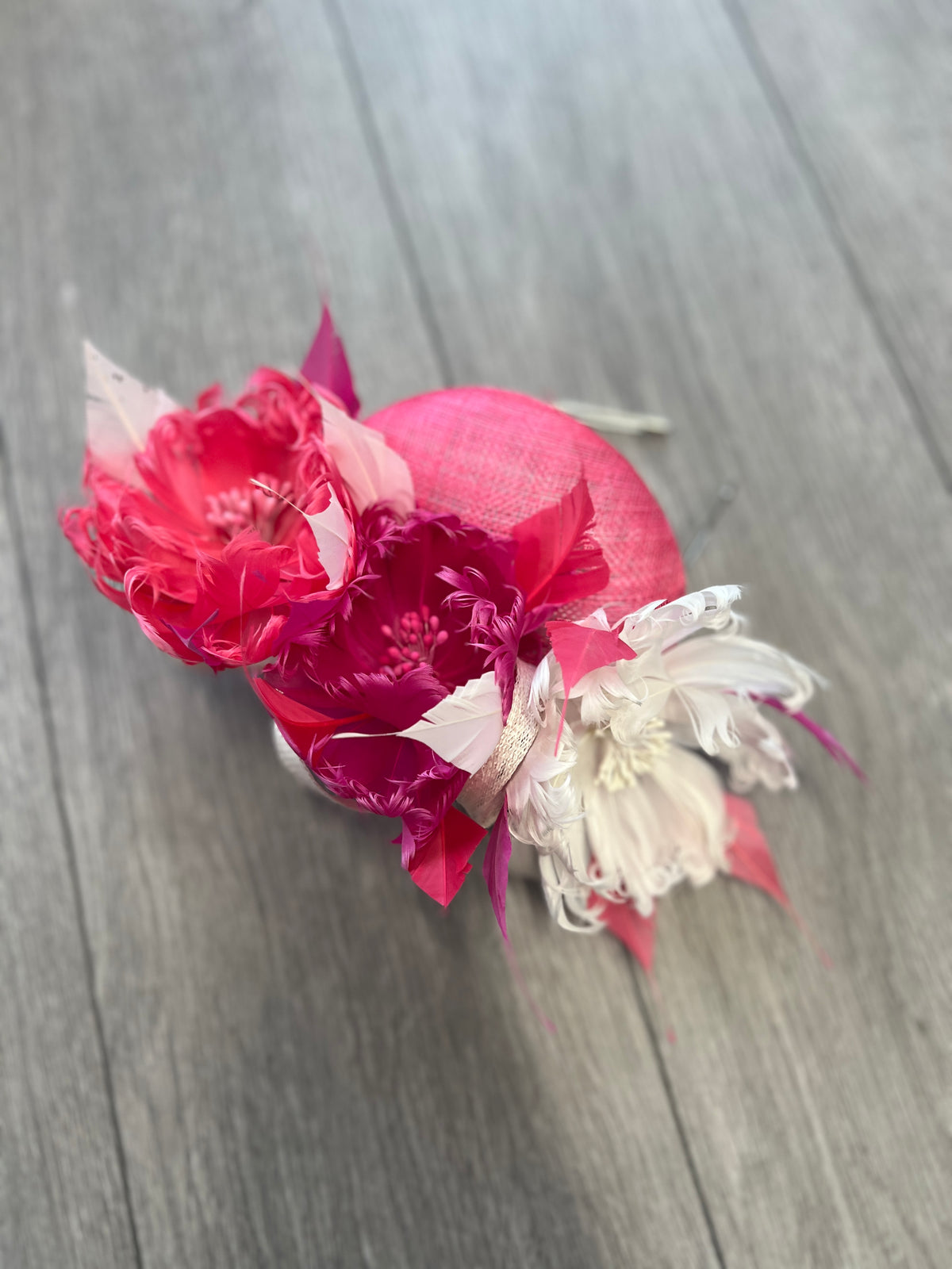 Pillbox Hat With Goblet Feather Flowers-Cerise/Fuchsia/White-Fascinators Direct