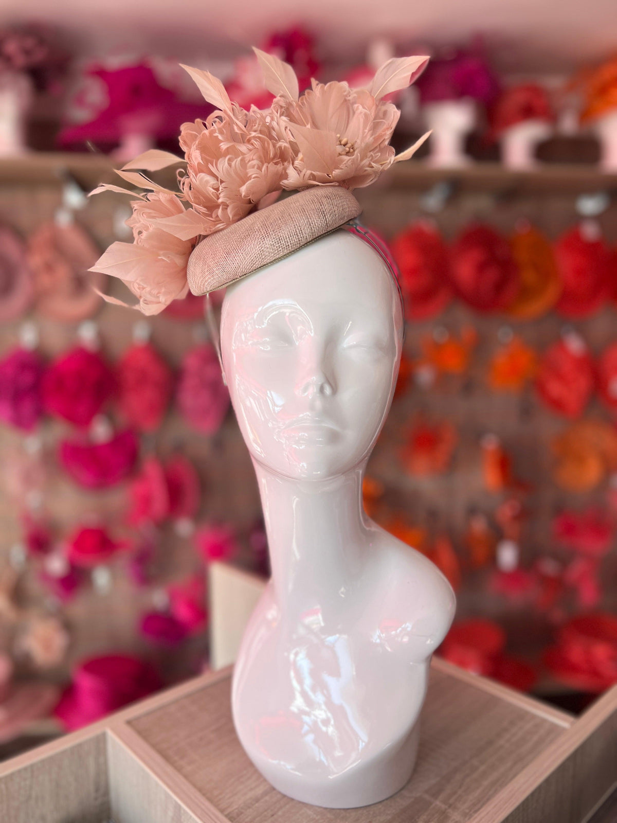 Pillbox Hat With Goblet Feather Flowers- Champagne-Fascinators Direct