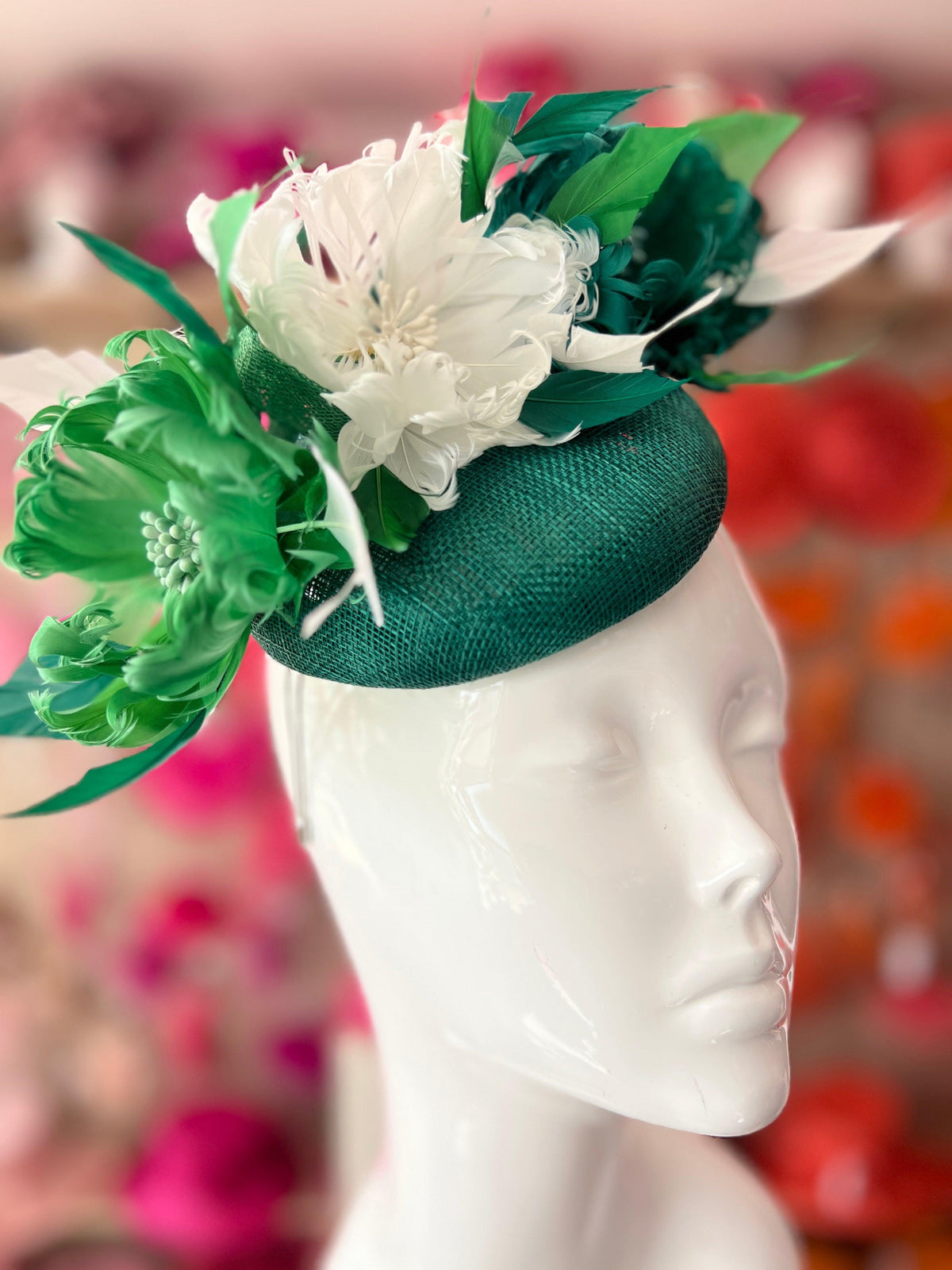 Pillbox Hat With Goblet Feather Flowers-Emerald/White/Fern-Fascinators Direct