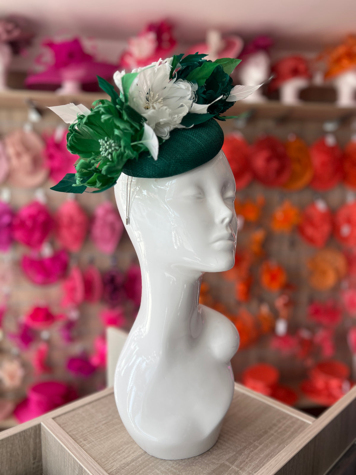 Pillbox Hat With Goblet Feather Flowers-Emerald/White/Fern-Fascinators Direct