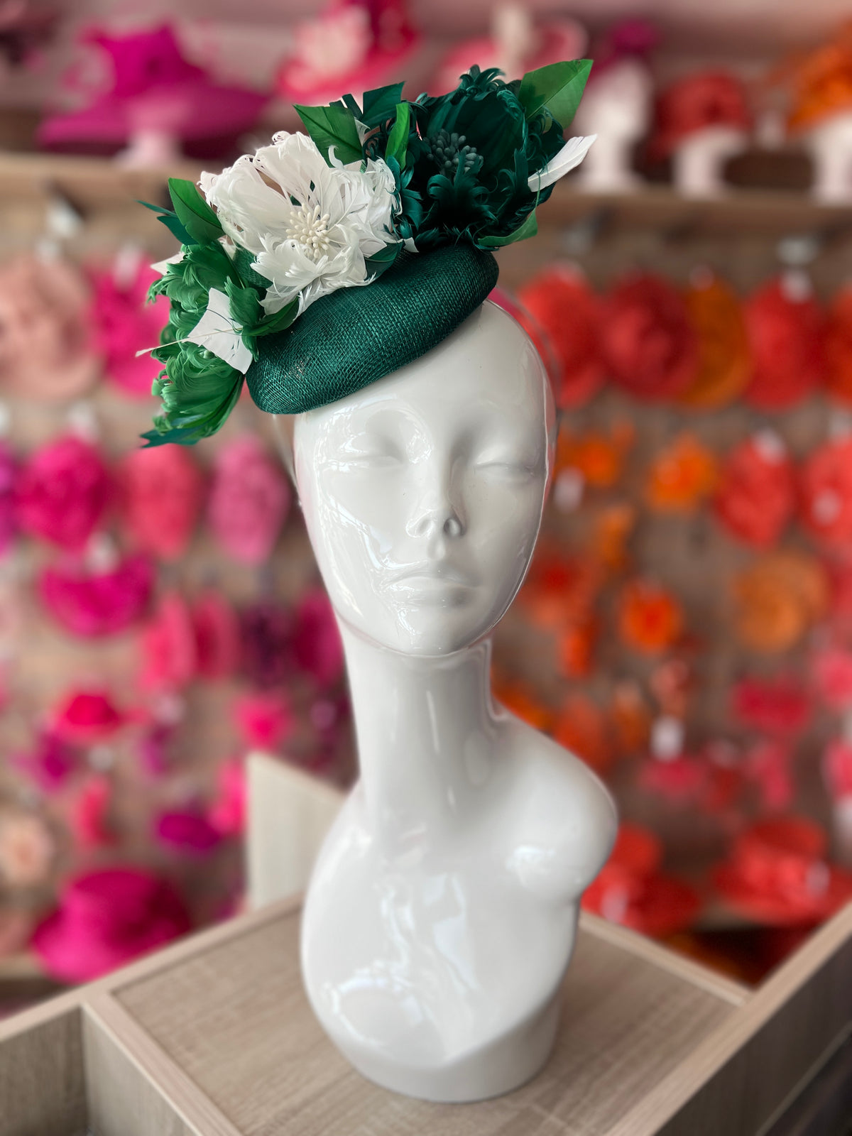 Pillbox Hat With Goblet Feather Flowers-Emerald/White/Fern-Fascinators Direct