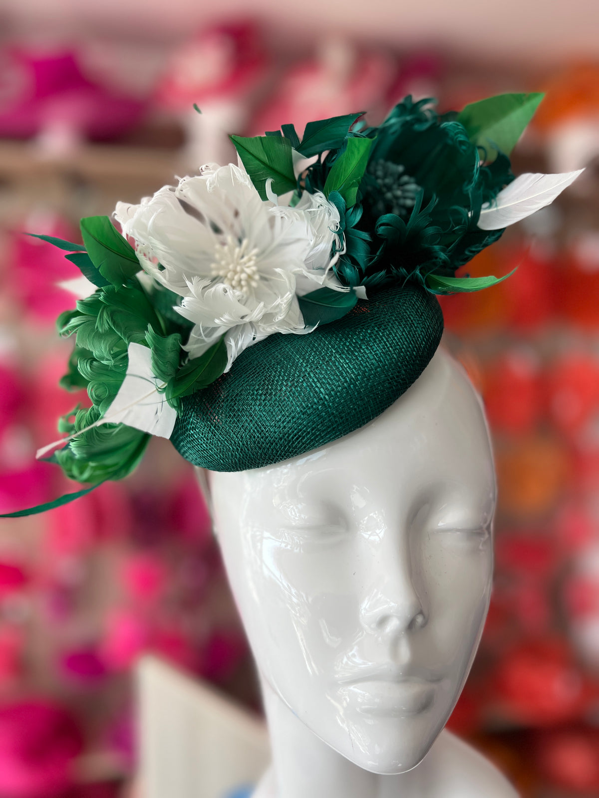 Pillbox Hat With Goblet Feather Flowers-Emerald/White/Fern-Fascinators Direct