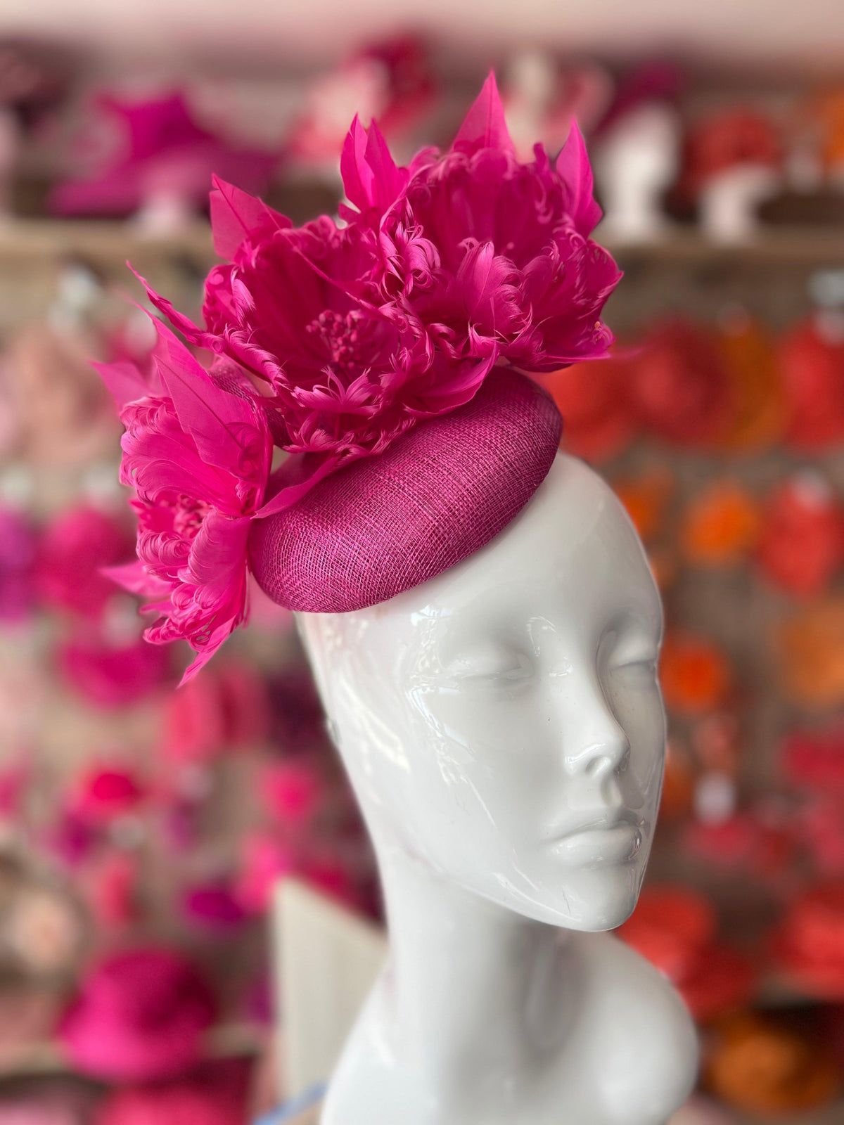 Pillbox Hat With Goblet Feather Flowers-Fuchsia-Fascinators Direct