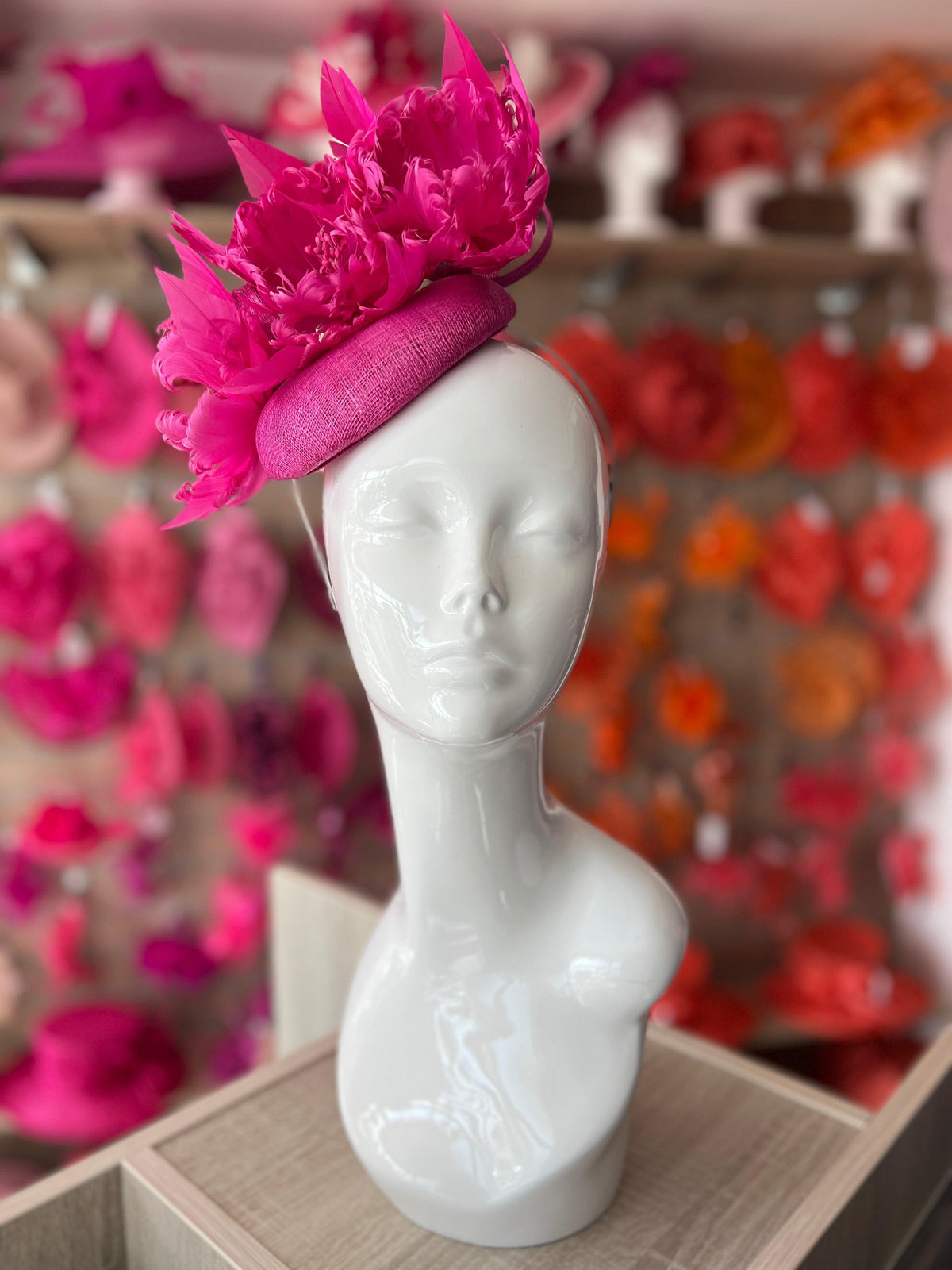 Pillbox Hat With Goblet Feather Flowers-Fuchsia-Fascinators Direct