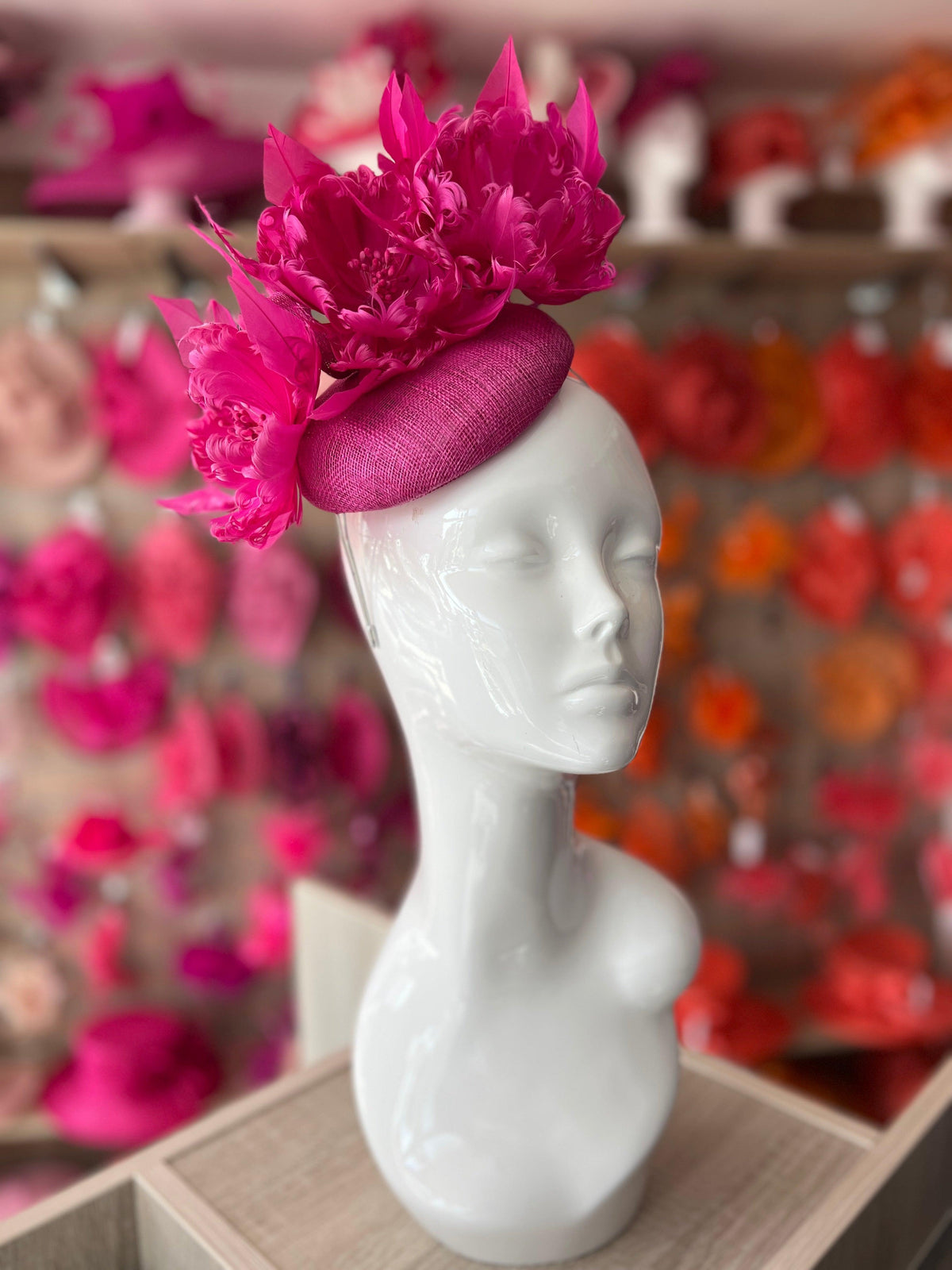Pillbox Hat With Goblet Feather Flowers-Fuchsia-Fascinators Direct