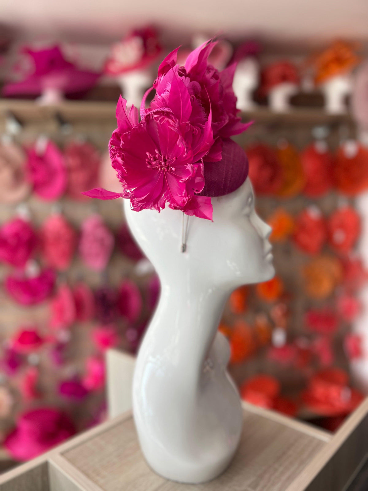 Pillbox Hat With Goblet Feather Flowers-Fuchsia-Fascinators Direct