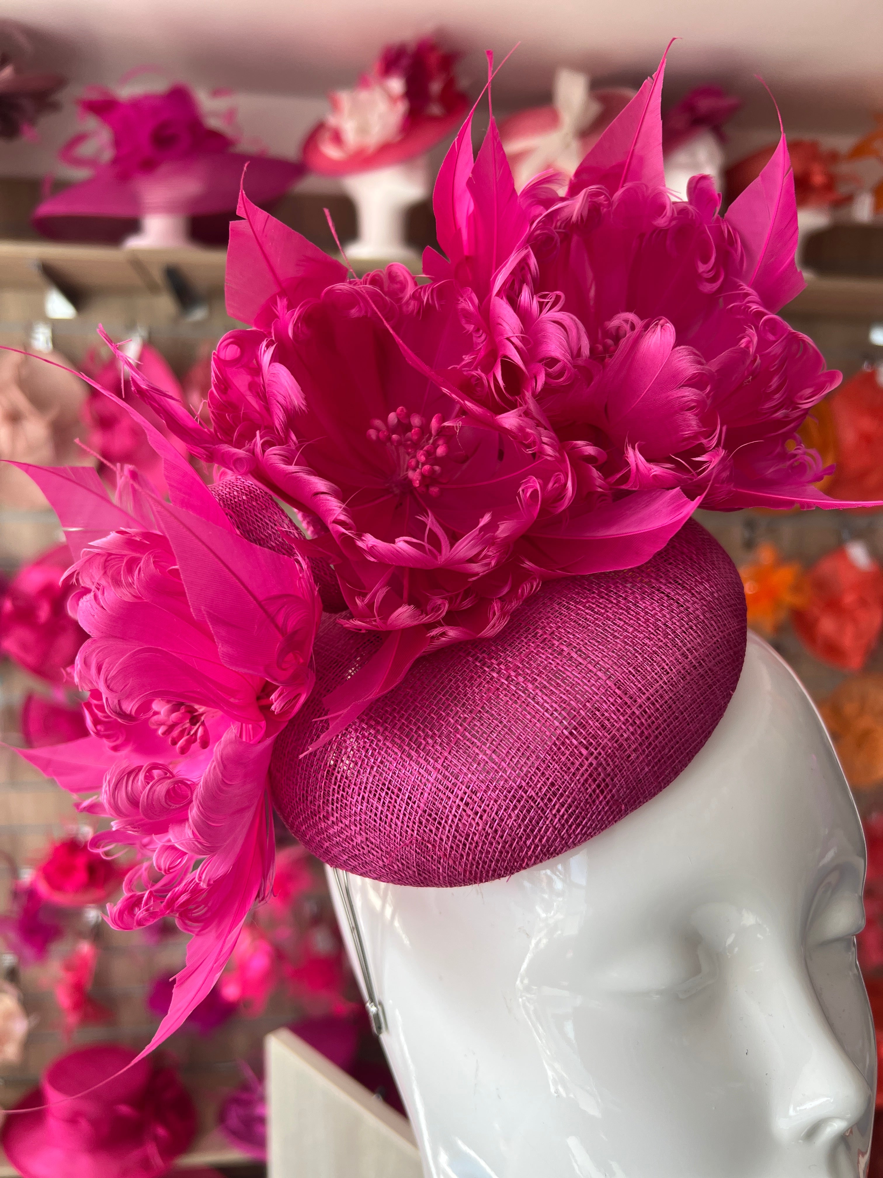 Pillbox Hat With Goblet Feather Flowers-Fuchsia