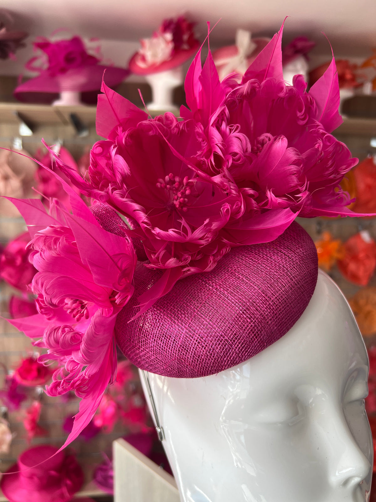 Pillbox Hat With Goblet Feather Flowers-Fuchsia-Fascinators Direct