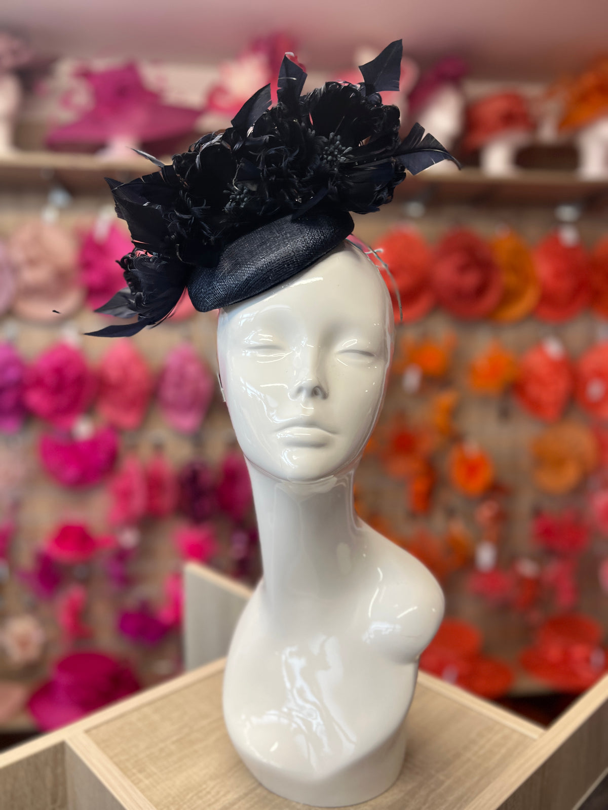Pillbox Hat With Goblet Feather Flowers-Navy-Fascinators Direct