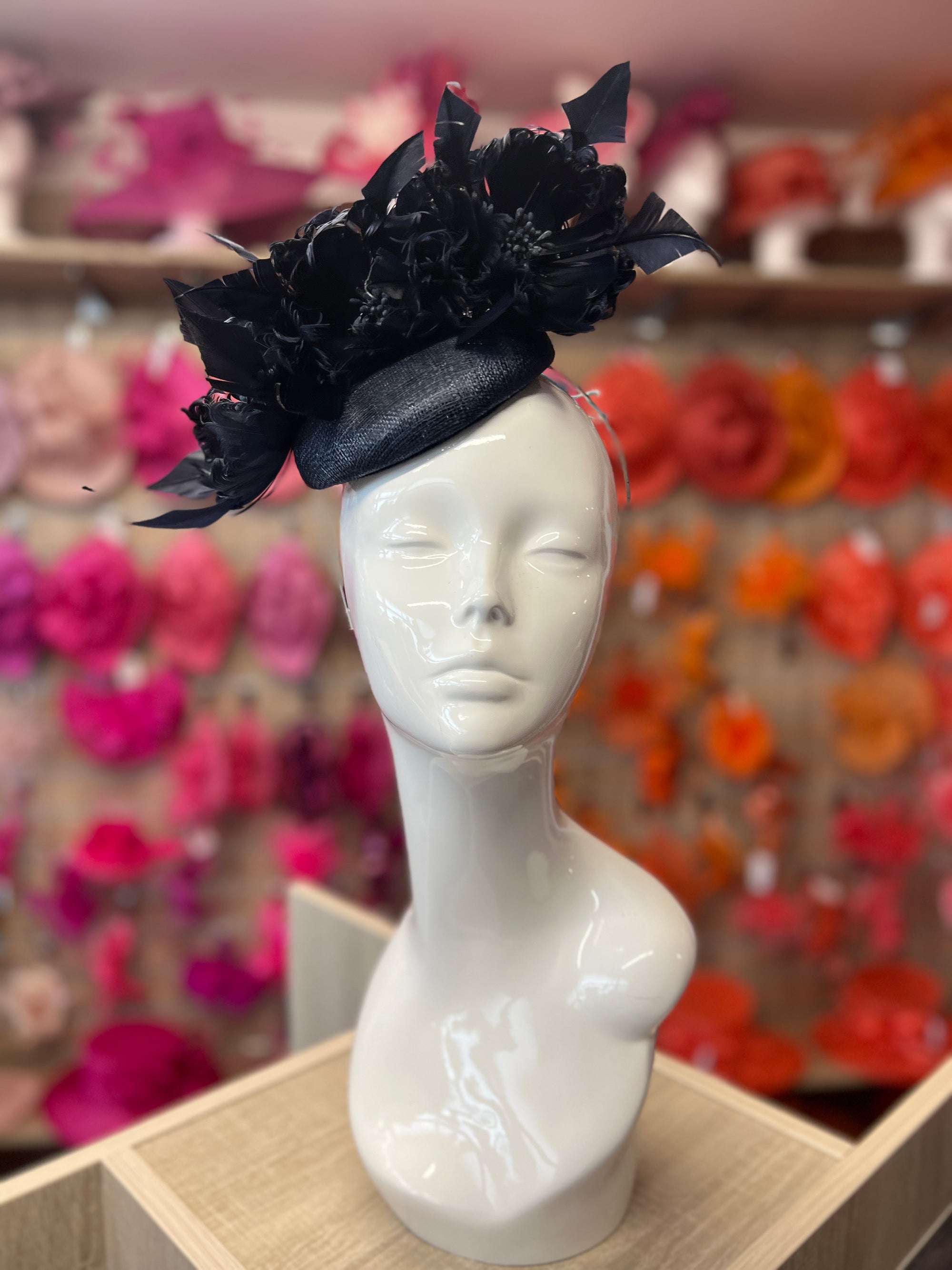 Pillbox Hat With Goblet Feather Flowers-Navy
