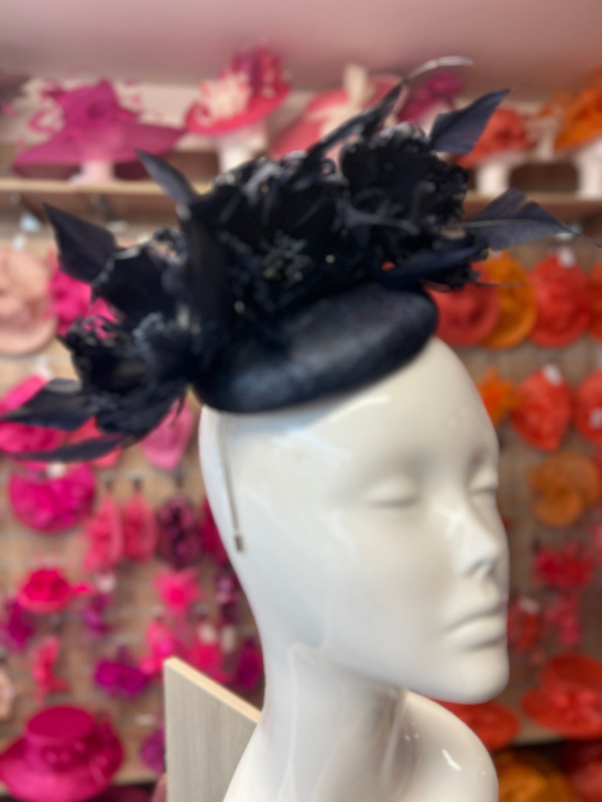 Pillbox Hat With Goblet Feather Flowers-Navy-Fascinators Direct