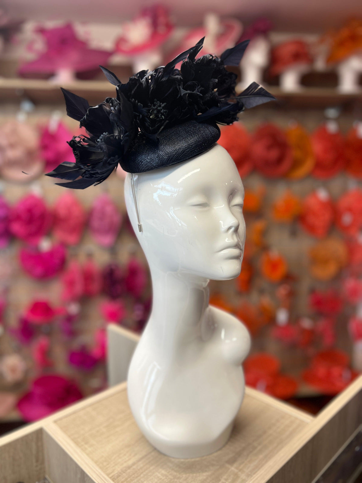 Pillbox Hat With Goblet Feather Flowers-Navy-Fascinators Direct