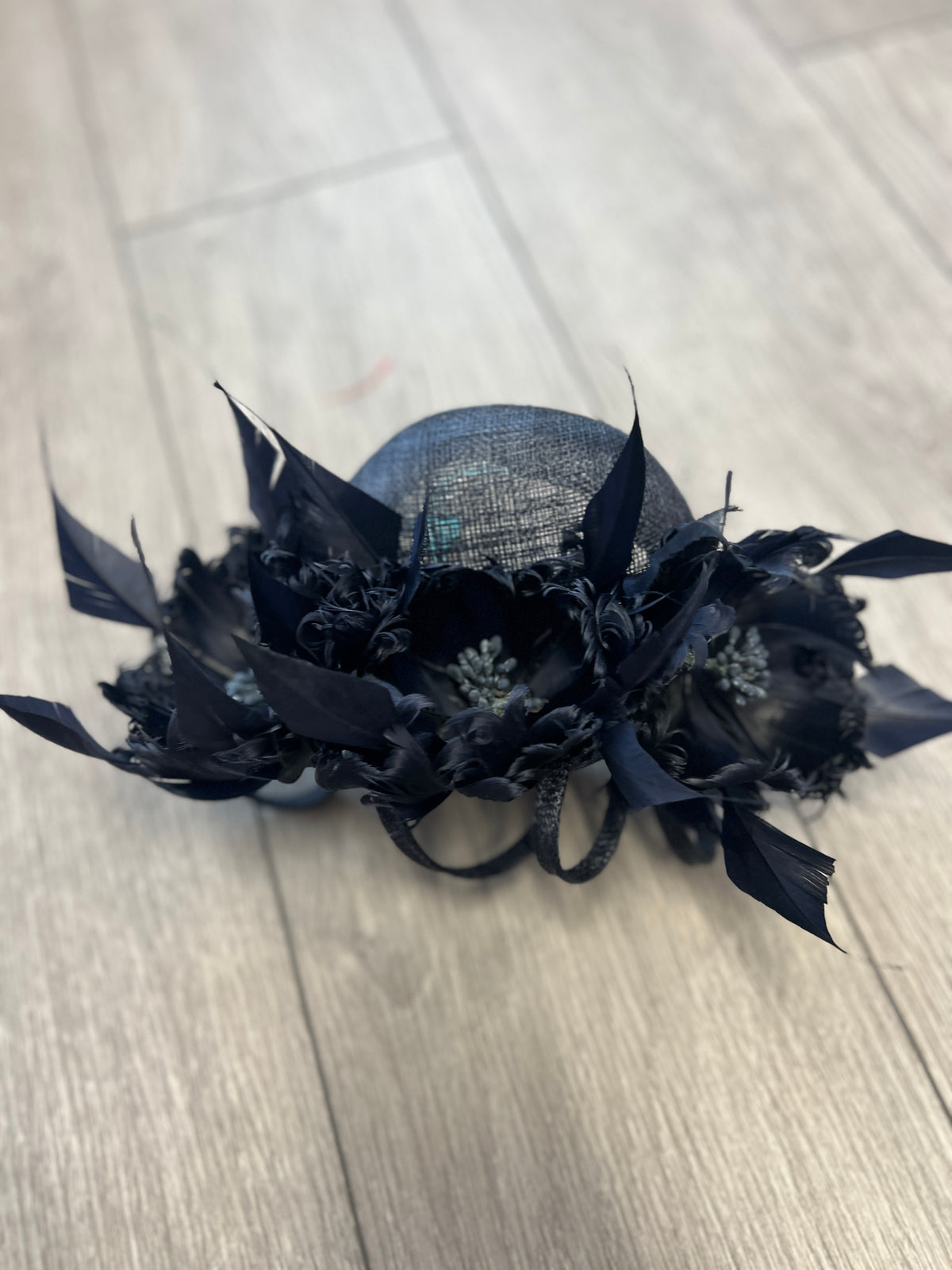 Pillbox Hat With Goblet Feather Flowers-Navy-Fascinators Direct