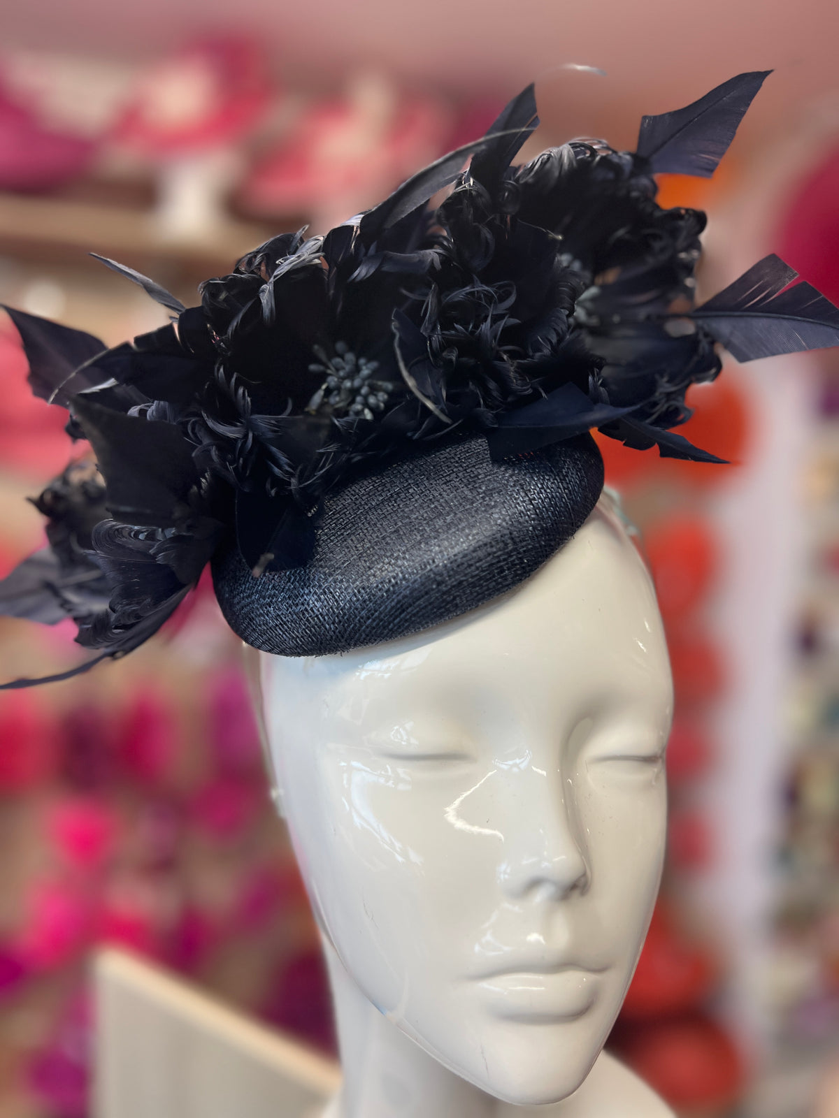 Pillbox Hat With Goblet Feather Flowers-Navy-Fascinators Direct