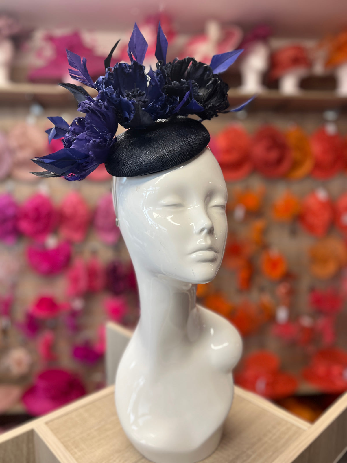 Pillbox Hat With Goblet Feather Flowers-Navy/Indigo/Twilight-Fascinators Direct