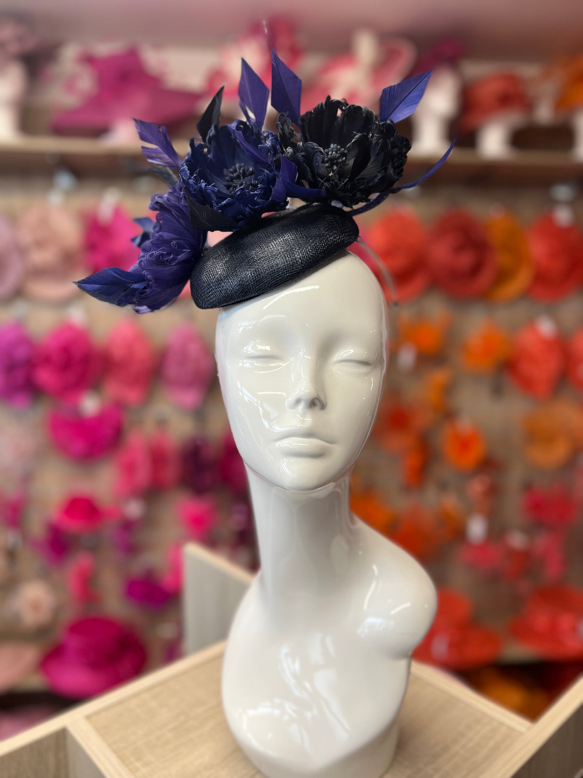 Pillbox Hat With Goblet Feather Flowers-Navy/Indigo/Twilight-Fascinators Direct