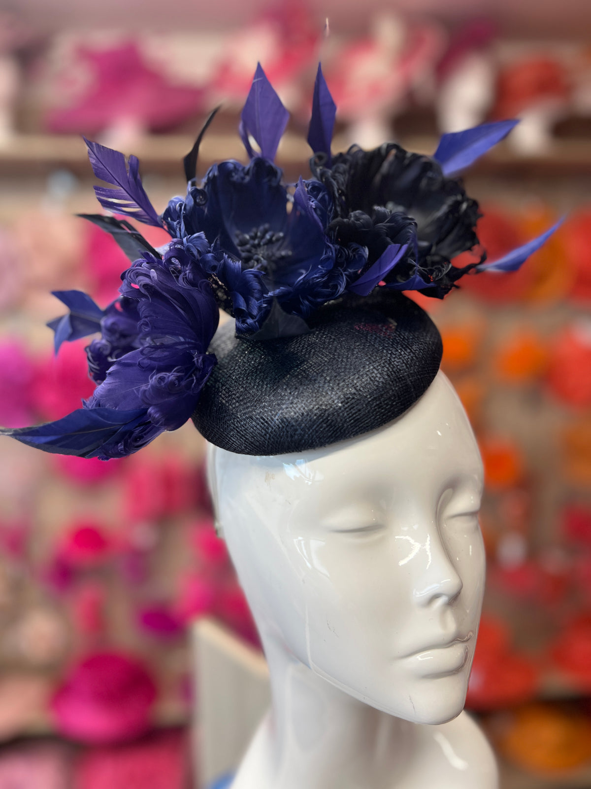 Pillbox Hat With Goblet Feather Flowers-Navy/Indigo/Twilight-Fascinators Direct