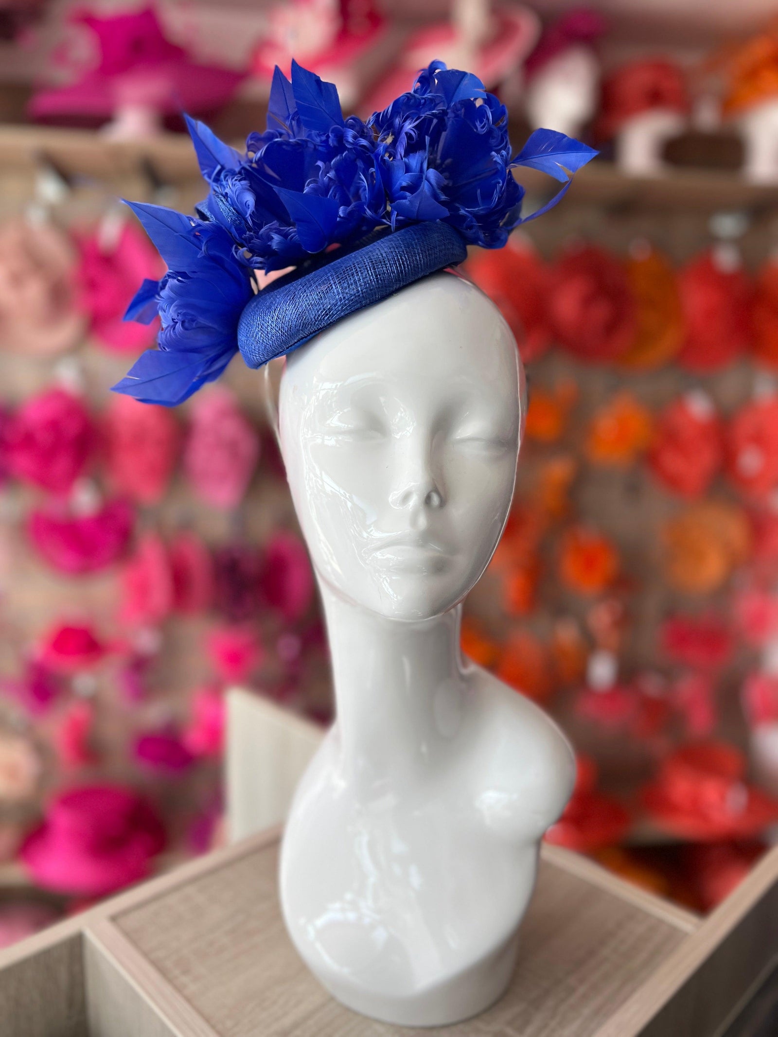 Pillbox Hat With Goblet Feather Flowers-Sapphire-Fascinators Direct