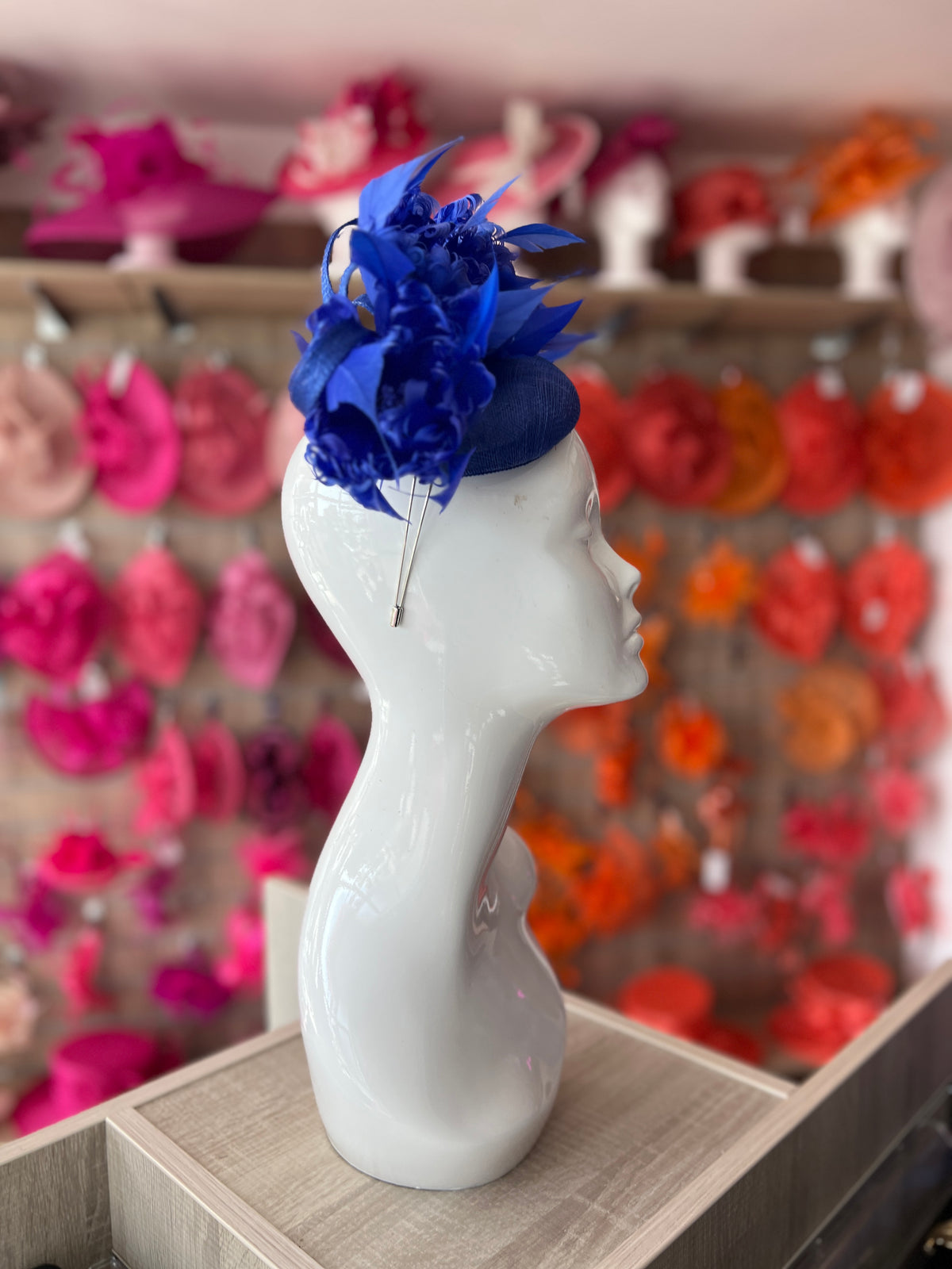 Pillbox Hat With Goblet Feather Flowers-Sapphire-Fascinators Direct