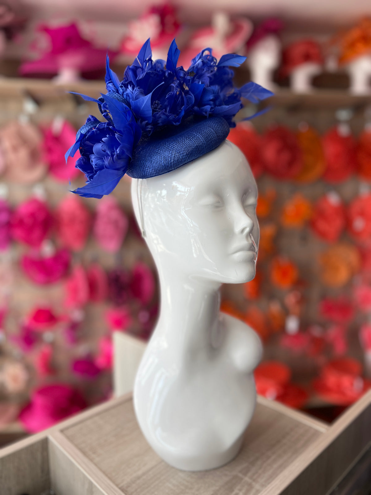 Pillbox Hat With Goblet Feather Flowers-Sapphire-Fascinators Direct