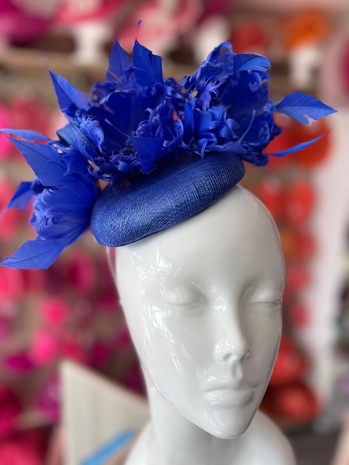 Pillbox Hat With Goblet Feather Flowers-Sapphire-Fascinators Direct