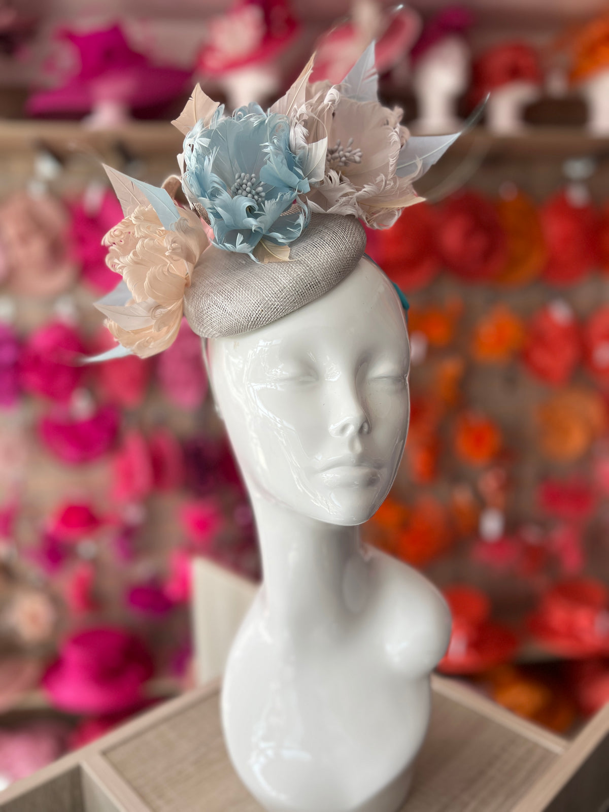 Pillbox Hat With Goblet Feather Flowers-Silver/Powder Blue/Champagne/-Fascinators Direct