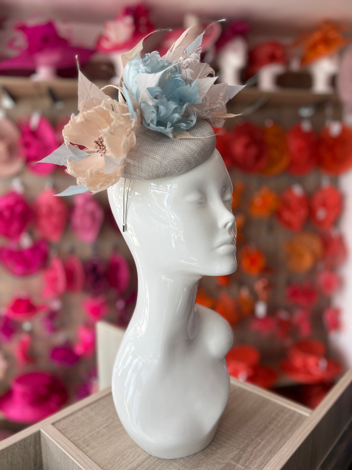 Pillbox Hat With Goblet Feather Flowers-Silver/Powder Blue/Champagne/-Fascinators Direct