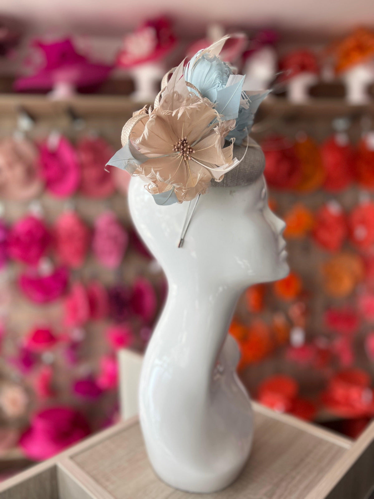 Pillbox Hat With Goblet Feather Flowers-Silver/Powder Blue/Champagne/-Fascinators Direct