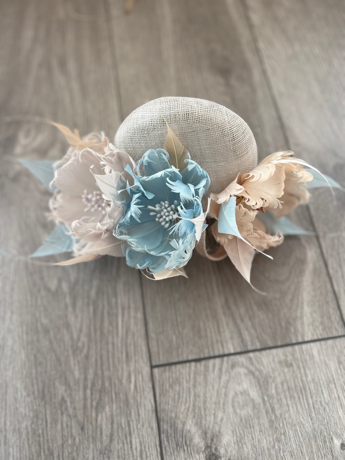 Pillbox Hat With Goblet Feather Flowers-Silver/Powder Blue/Champagne/-Fascinators Direct