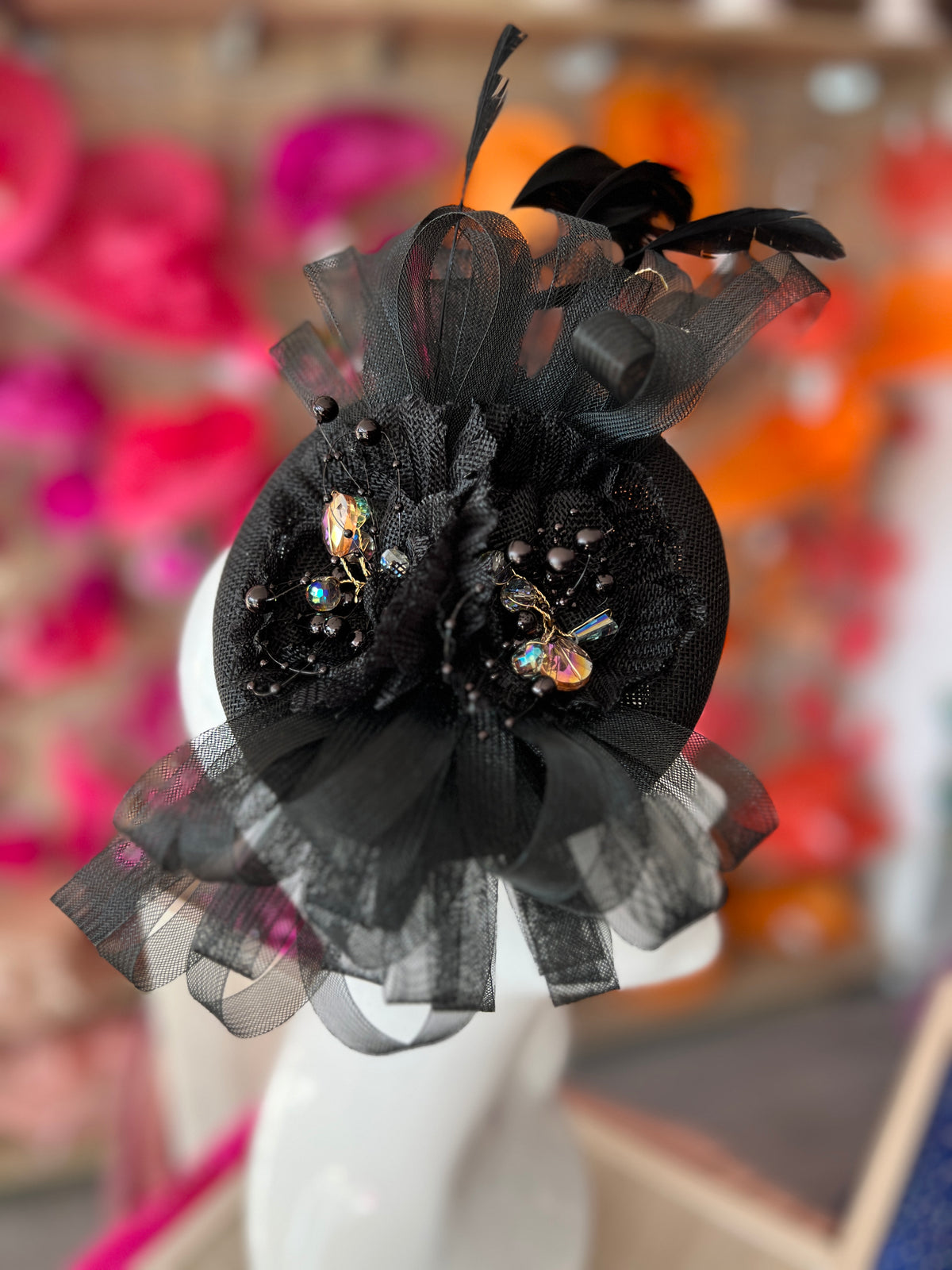 Pillbox Hat With Loops and Embellished Flowers- Black-Fascinators Direct