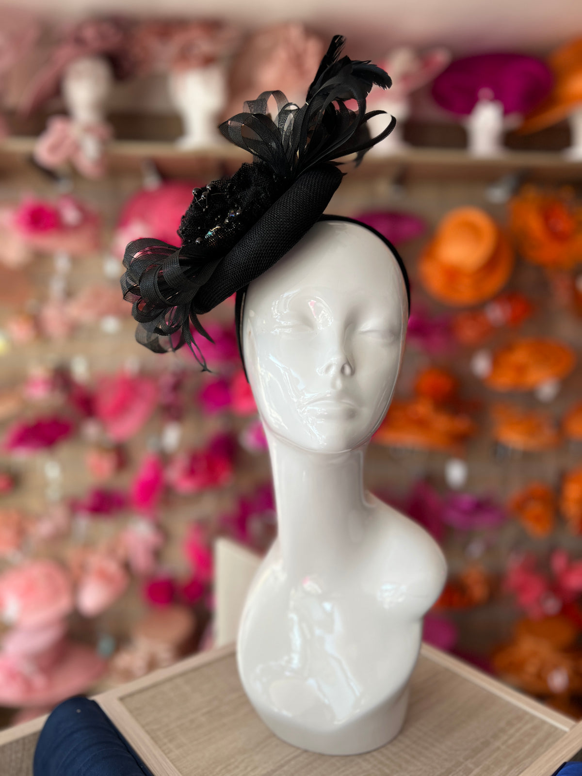 Pillbox Hat With Loops and Embellished Flowers- Black-Fascinators Direct