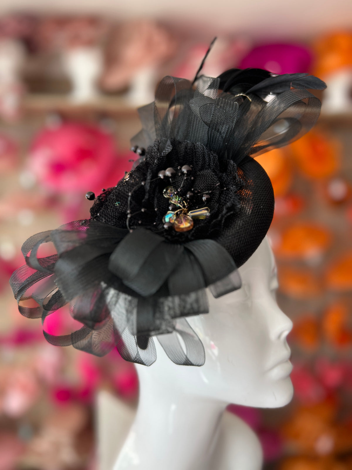 Pillbox Hat With Loops and Embellished Flowers- Black-Fascinators Direct