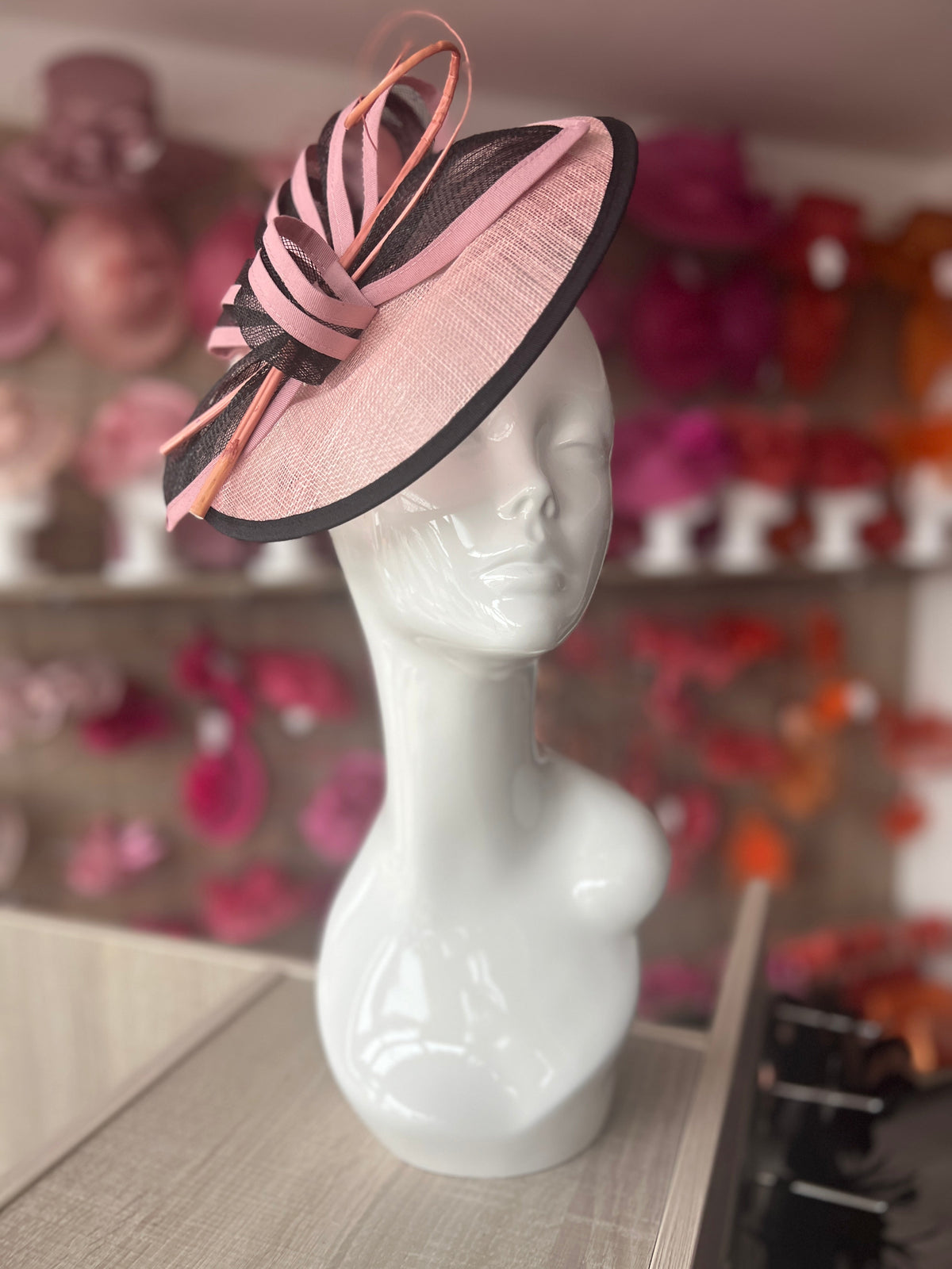 Pink &amp; Black Round Saucer Fasciantor With Quills-Fascinators Direct