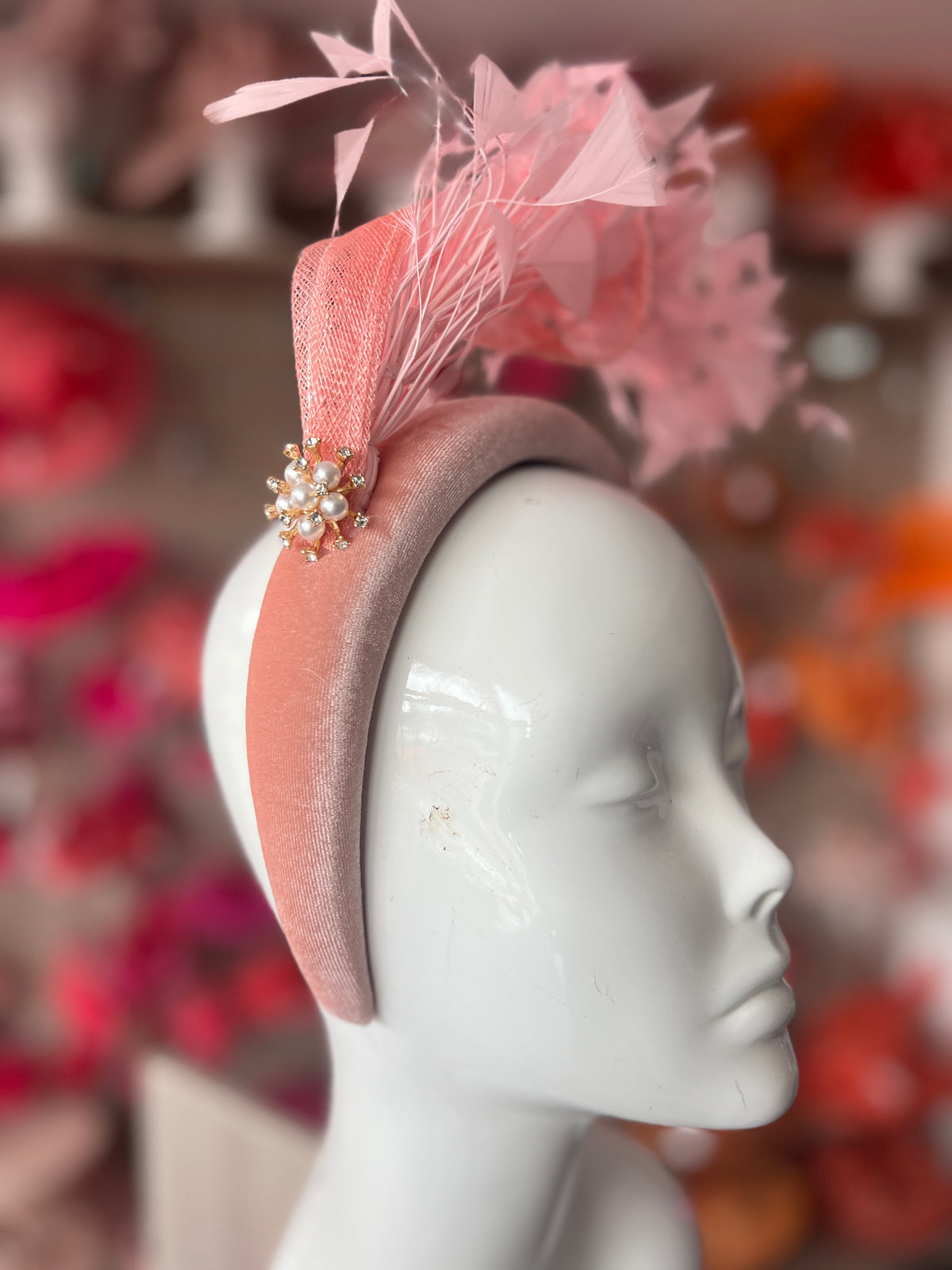 Pink Feather Velvet Padded Headband Fascinator With Diamante &amp; Pearl Cluster-Fascinators Direct