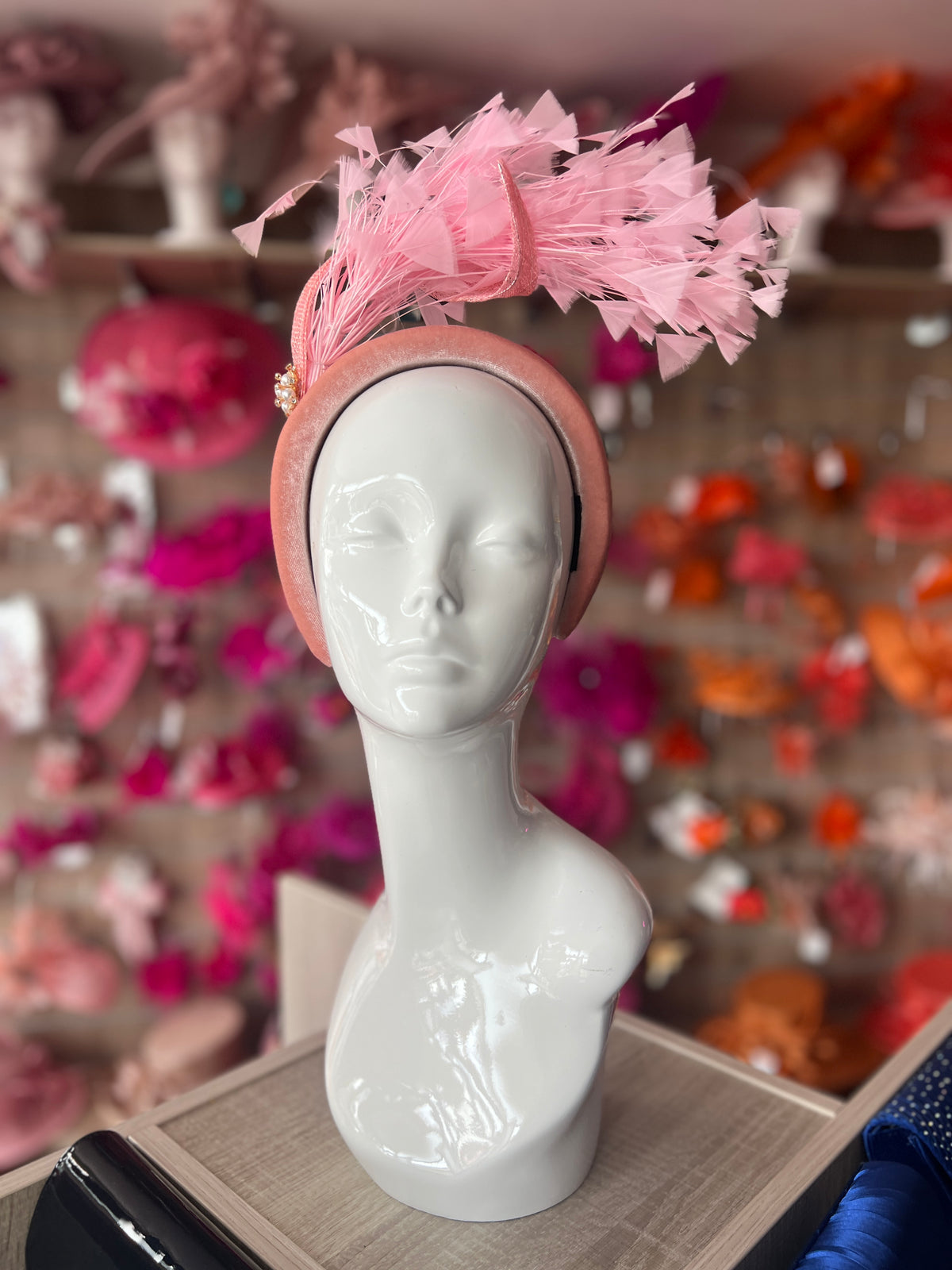Pink Feather Velvet Padded Headband Fascinator With Diamante &amp; Pearl Cluster-Fascinators Direct