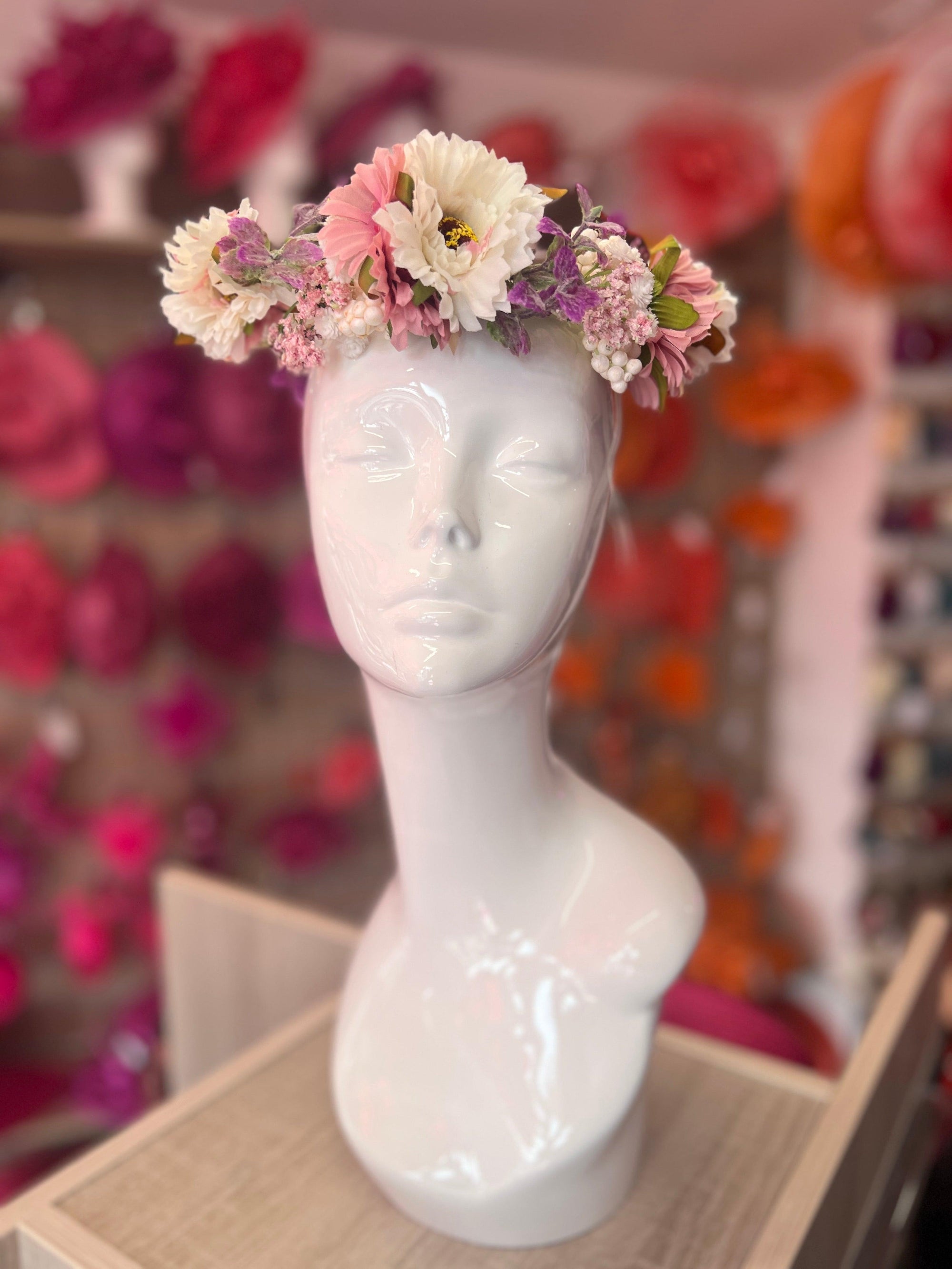 Pink & Ivory Vintage Daisy Flower Crown Hair Garland-Fascinators Direct