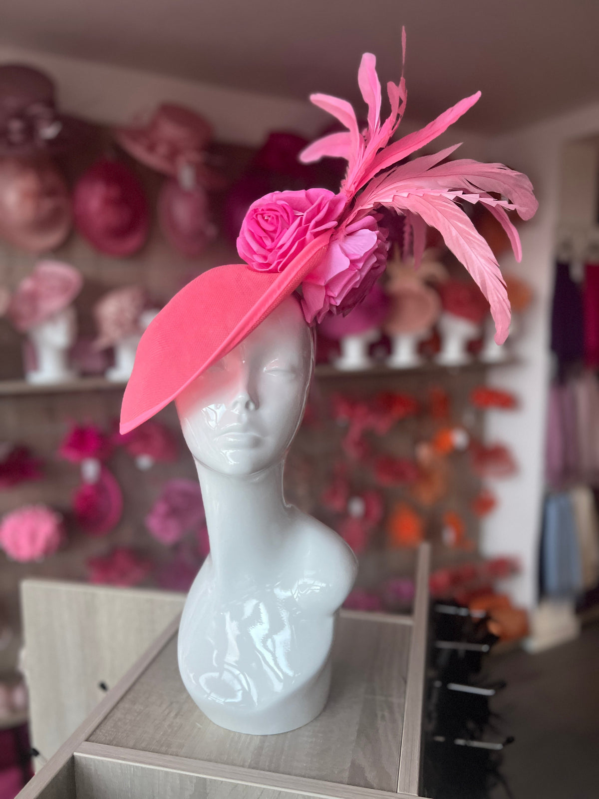 Pink Large Disc Fascinator With Rose Flowers &amp; Feathers-Fascinators Direct