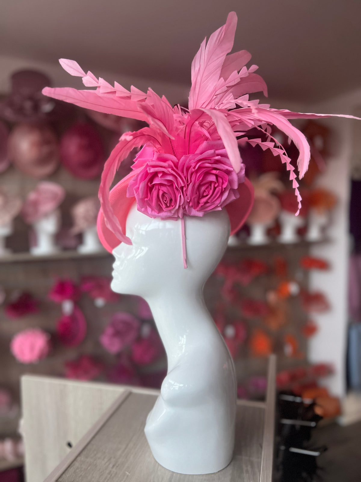 Pink Large Disc Fascinator With Rose Flowers &amp; Feathers-Fascinators Direct