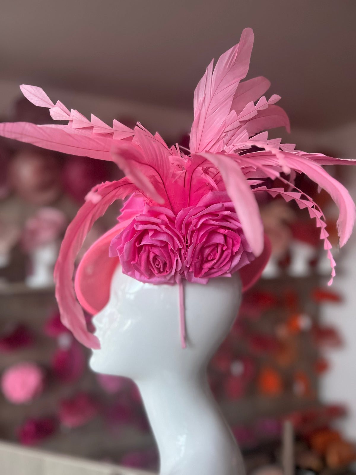 Pink Large Disc Fascinator With Rose Flowers &amp; Feathers-Fascinators Direct