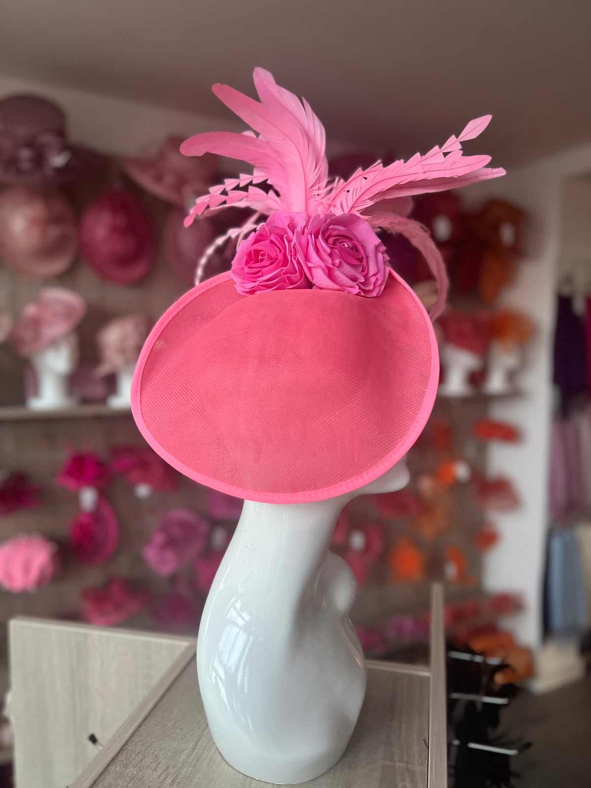 Pink Large Disc Fascinator With Rose Flowers &amp; Feathers-Fascinators Direct