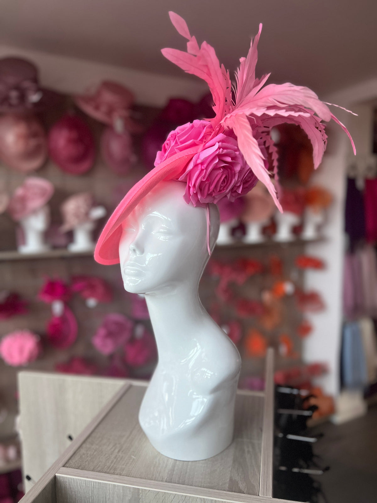 Pink Large Disc Fascinator With Rose Flowers &amp; Feathers-Fascinators Direct