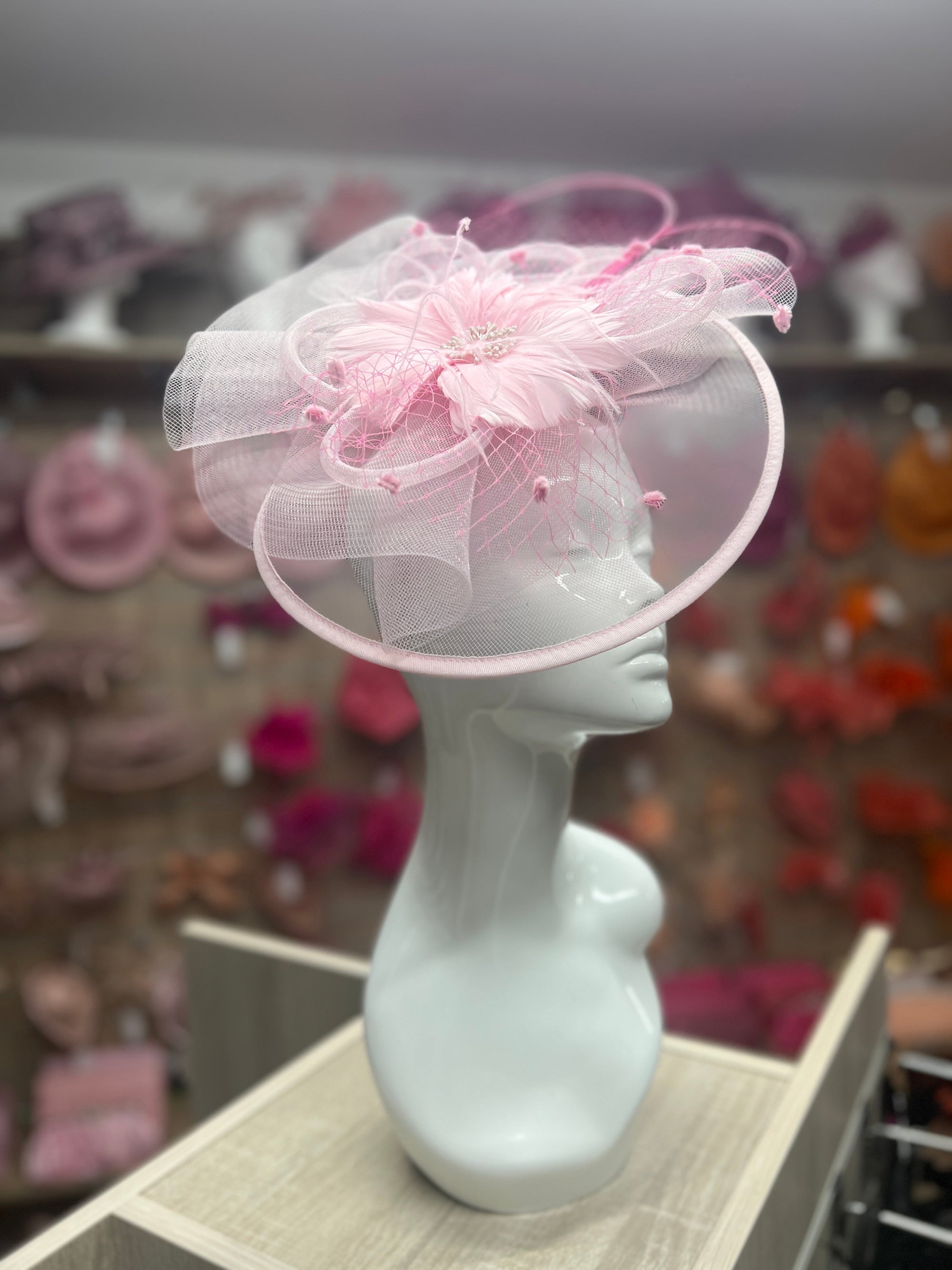 Pink Large Fascinator With Feather Flower & Netting-Fascinators Direct